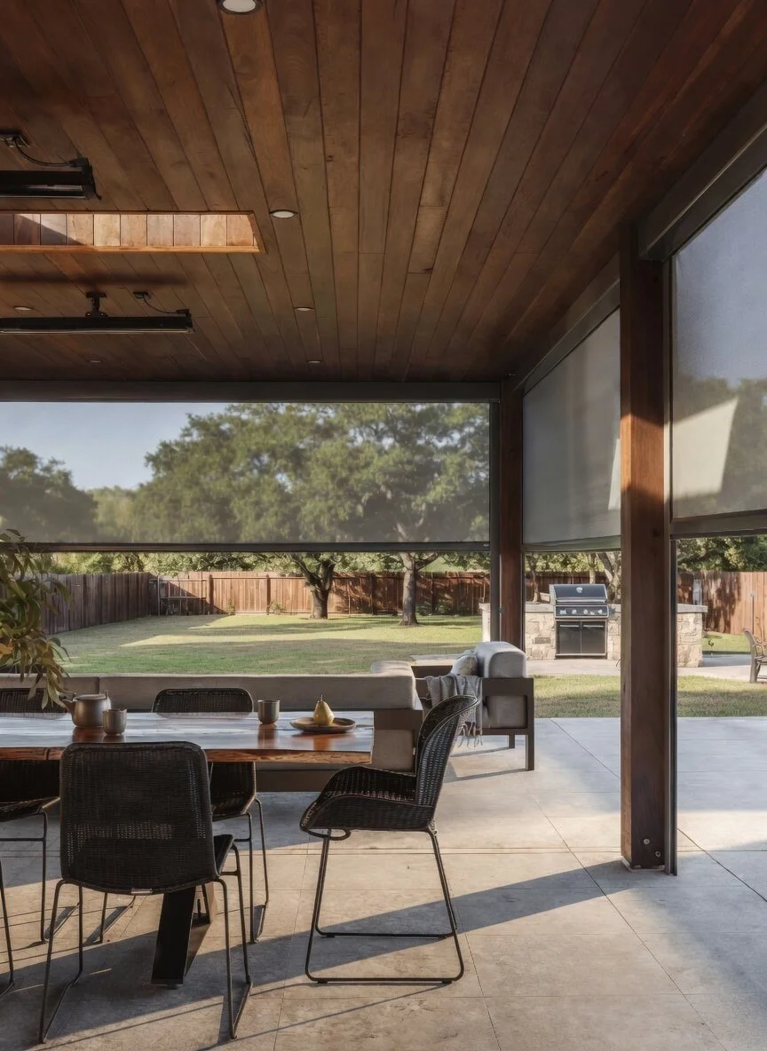 Motorized outdoor patio screen on covered patio with wood ceiling and backyard view in Austin, TX