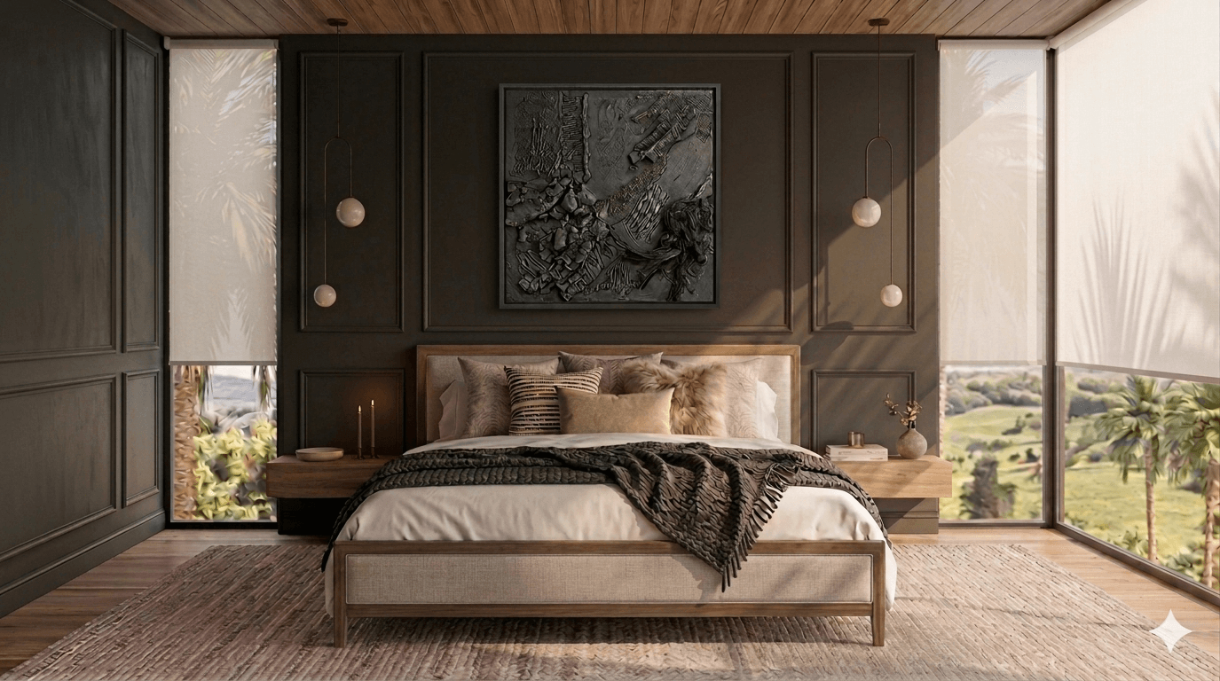 High-performance roller shades in modern bedroom designed for Texas heat in Austin, TX