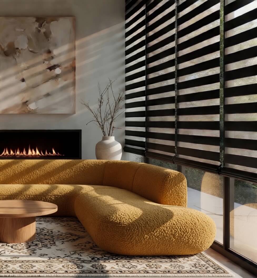 Black zebra blinds in modern living room with yellow sofa and fireplace in Austin, TX