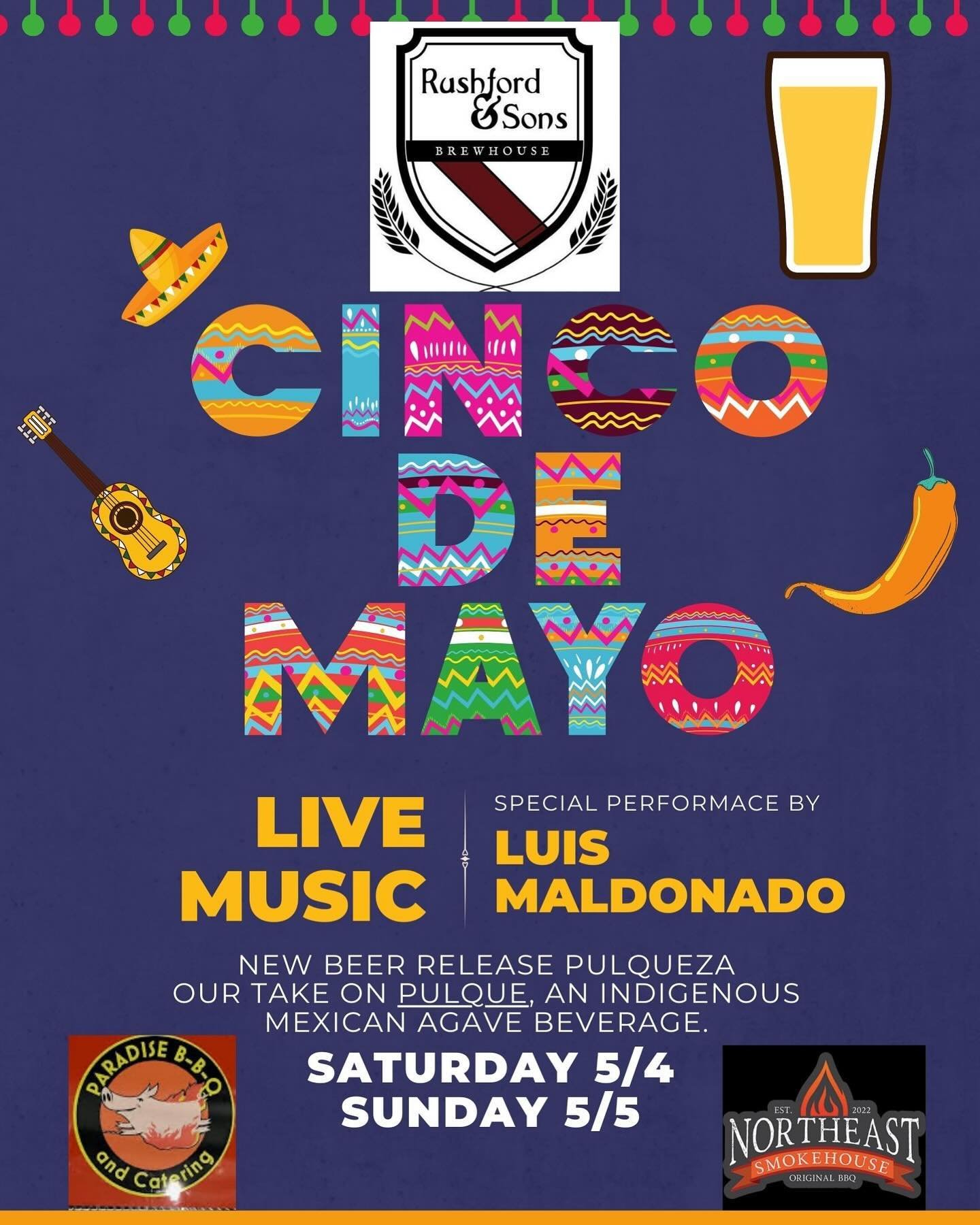 Celebrate Cinco de Mayo here at the brew house with a 
new Beer Release:  Pulqueza, a traditional Mexican beer made with Agave along with barley and corn which will only be available Cinco de Mayo weekend. 
We will also have our special Margarita sel