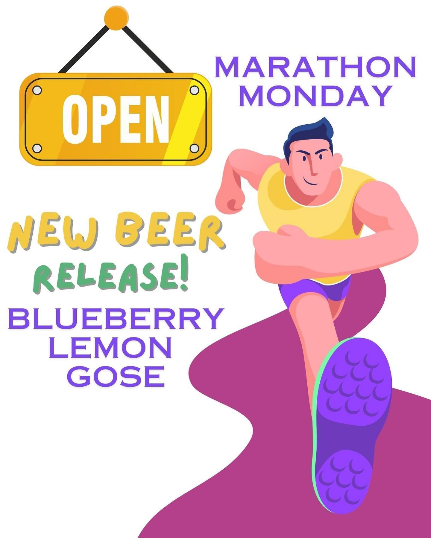 We will be open this Monday &amp; releasing our latest Grove Street Gose series Blueberry Lemon.  Good luck to all the runners out there.  Catch Becca serving up water (not beer, weird huh?) at mile 23, Jake cheering you on in Washington Square &amp;