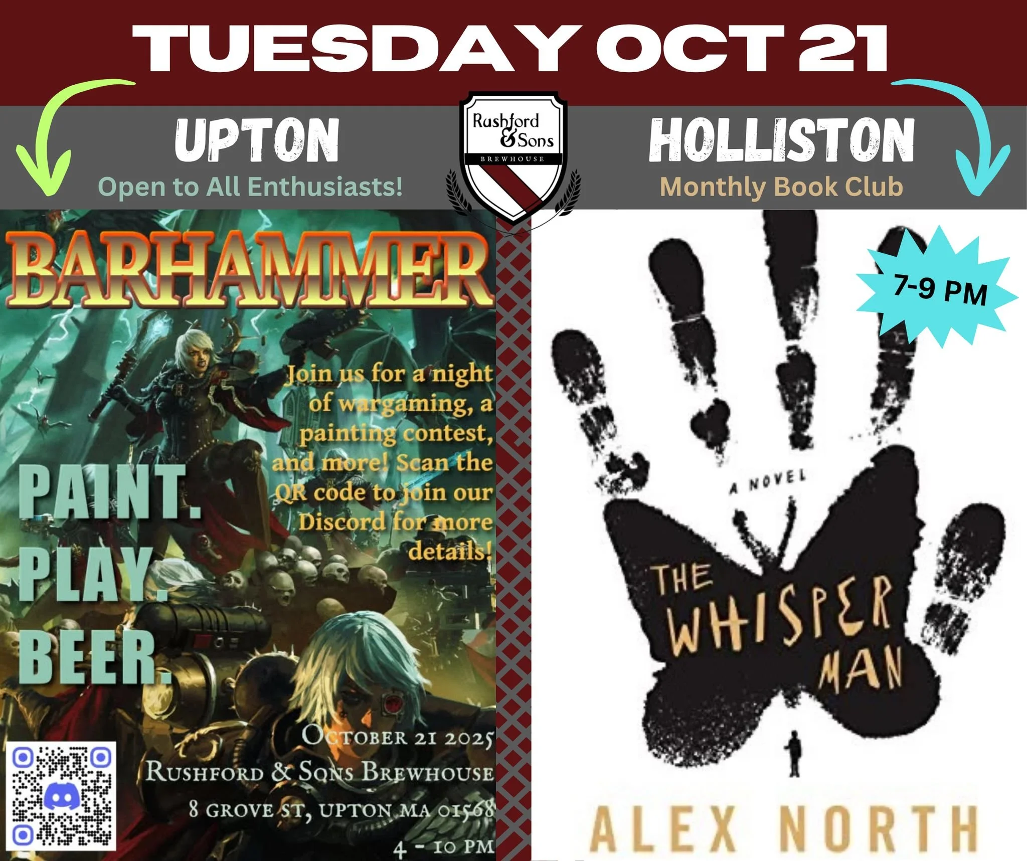 Today, at the breweries!

&gt;&gt;&gt; In UPTON from 4-10 PM: Barhammerrrrrrr - Are you a Warhammer 40K fan? Do you thrive on getting those painted details absolutely perfect and taking out your frustrations on your opponent's minature army? This eve