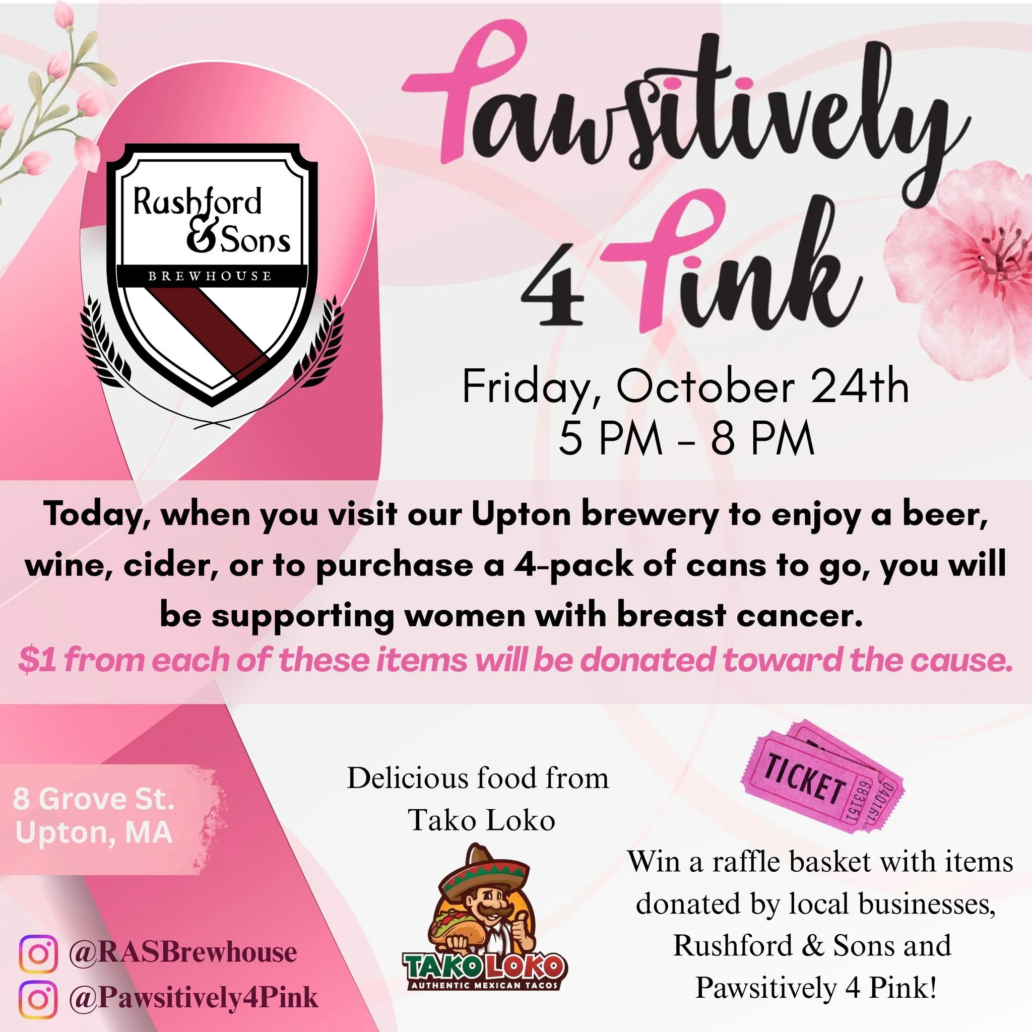 🎀 Have a drink for a cause - happening tonight at our Upton location! 🎀

Tonight in Upton, we're pouring to help support the needs of women with breast cancer. Please join us there as every pint of #beer, glass of #wine or cider, or 4-pack to go ea