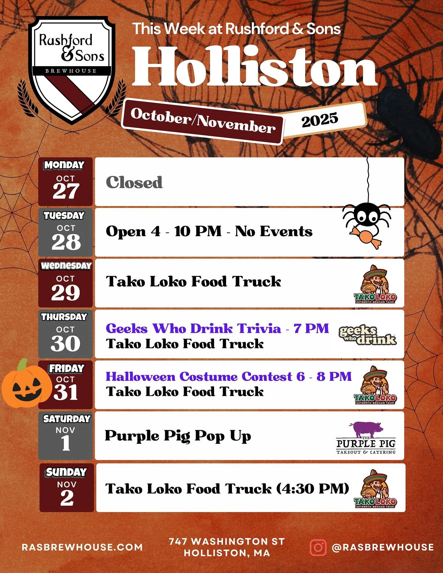 Hey there Holliston! Here&rsquo;s this week&rsquo;s calendar for our Holliston taproom. 

Come on down for some yummy beers, ciders, and wines - AND, on Halloween we will have a creepy secret drink menu! Be sure to wear your costumes! 
💀 🎃 🧙&zwj;♀