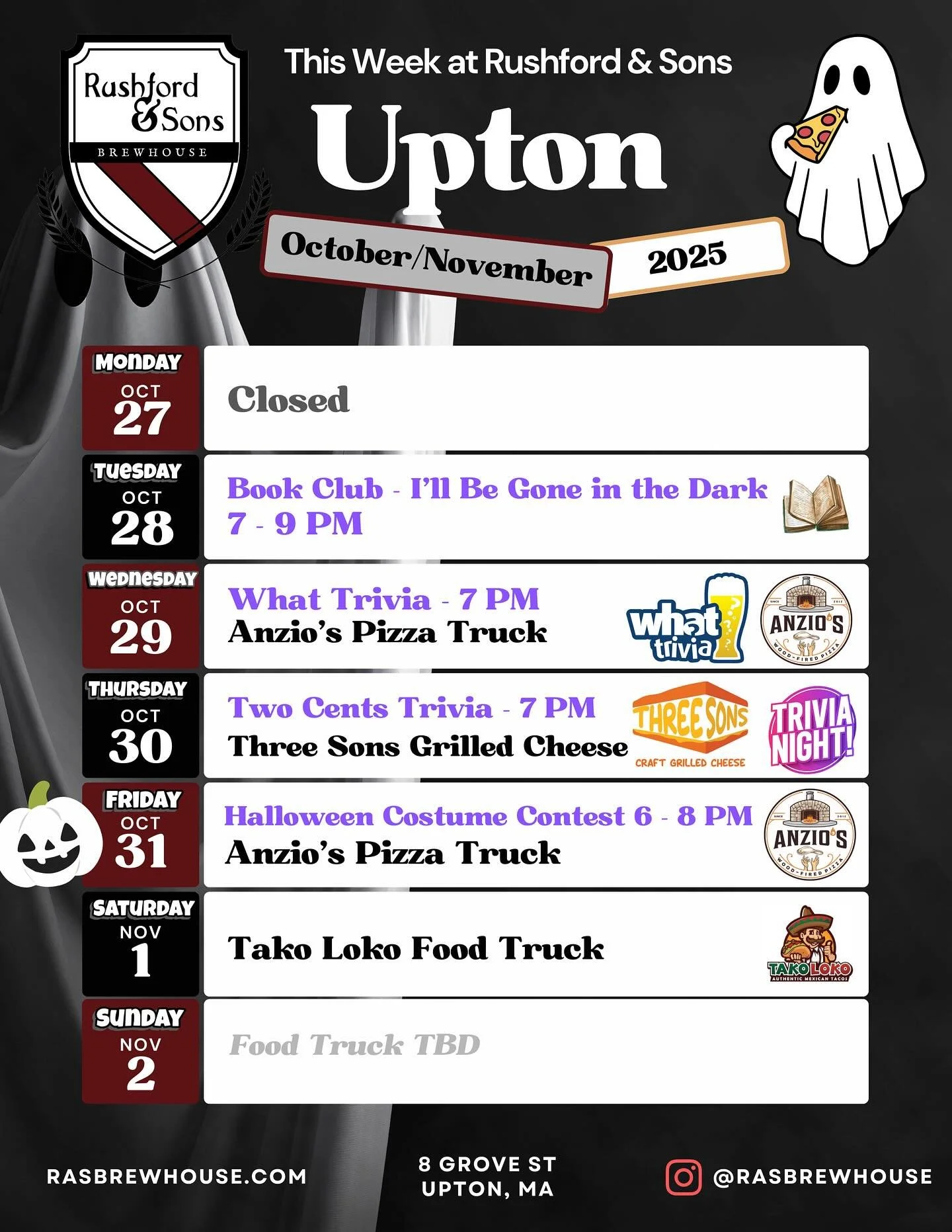 Check out the cool events we have planned for the week at our Upton brewery! 👻 

Come in for two days of #trivia, our monthly book club, or stop by on Halloween wearing your costume to try one of our spooky secret menu drinks! 🧪 🧙&zwj;♀️ 

#beer #