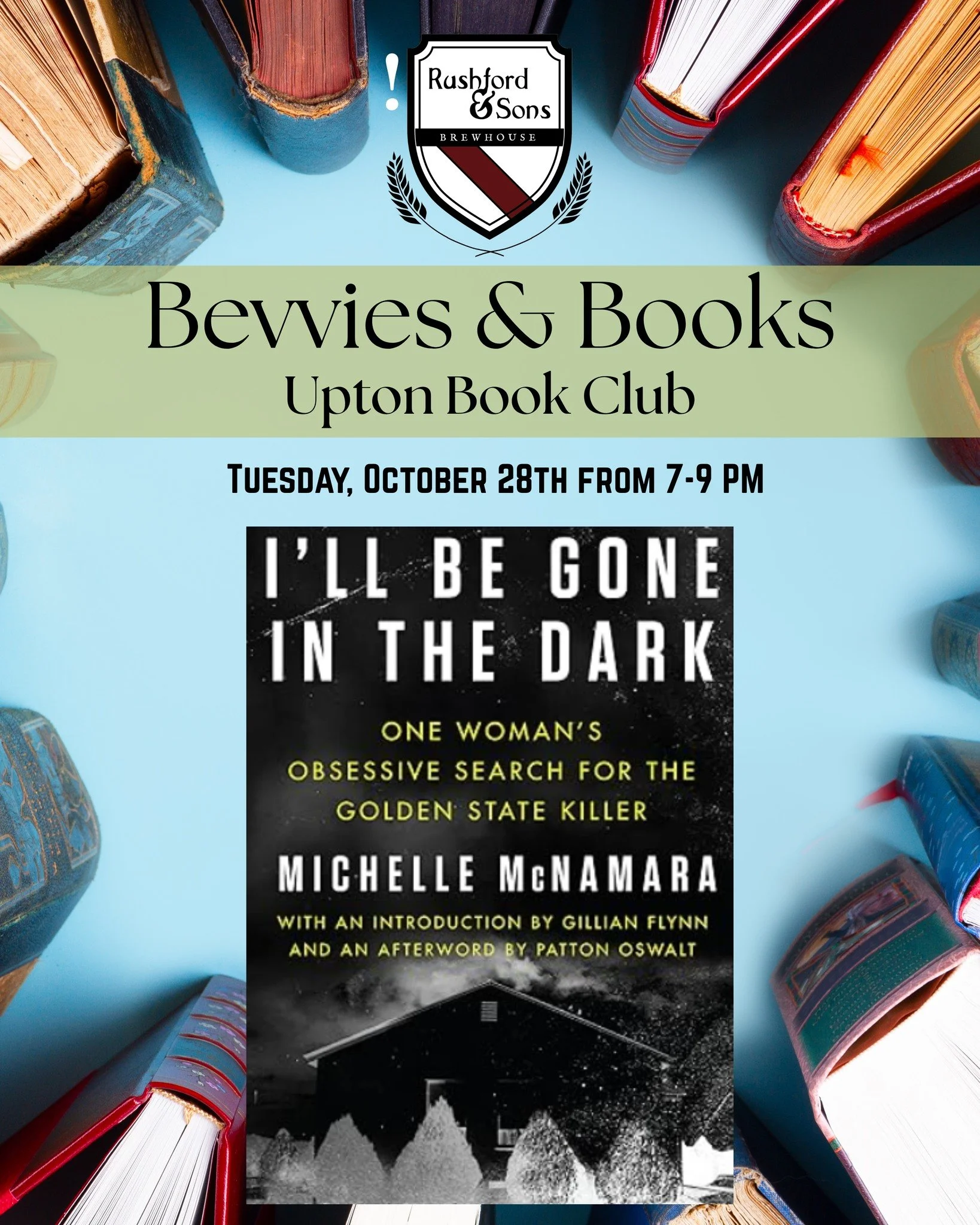 It's book club night at our Upton location! 🍺📖

This month's book was *I'll be Gone in the Dark* by Michelle McNamara. Bring some dinner or snacks, grab a beverage at our bar, and get ready for a discussion of this intense true story and best selle