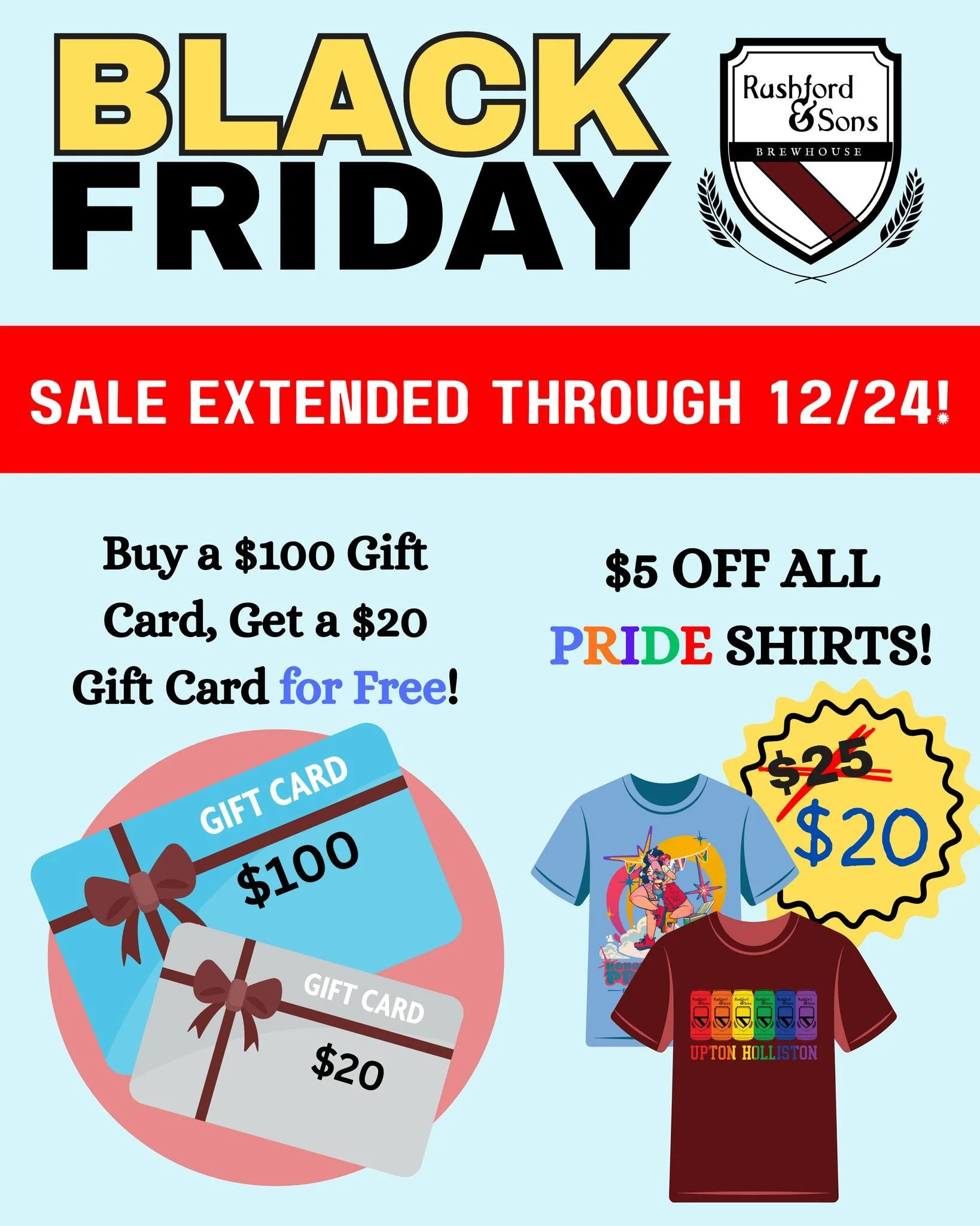 TGIF!!! 

We've decided to extend our Black Friday offer through December 24th! 🎁

Spend $100 on Rushford &amp; Sons Gift Cards and get a $20 Gift Card for FREE! You can use it as an extra gift for someone else or for yourself!

Treat the #beer love