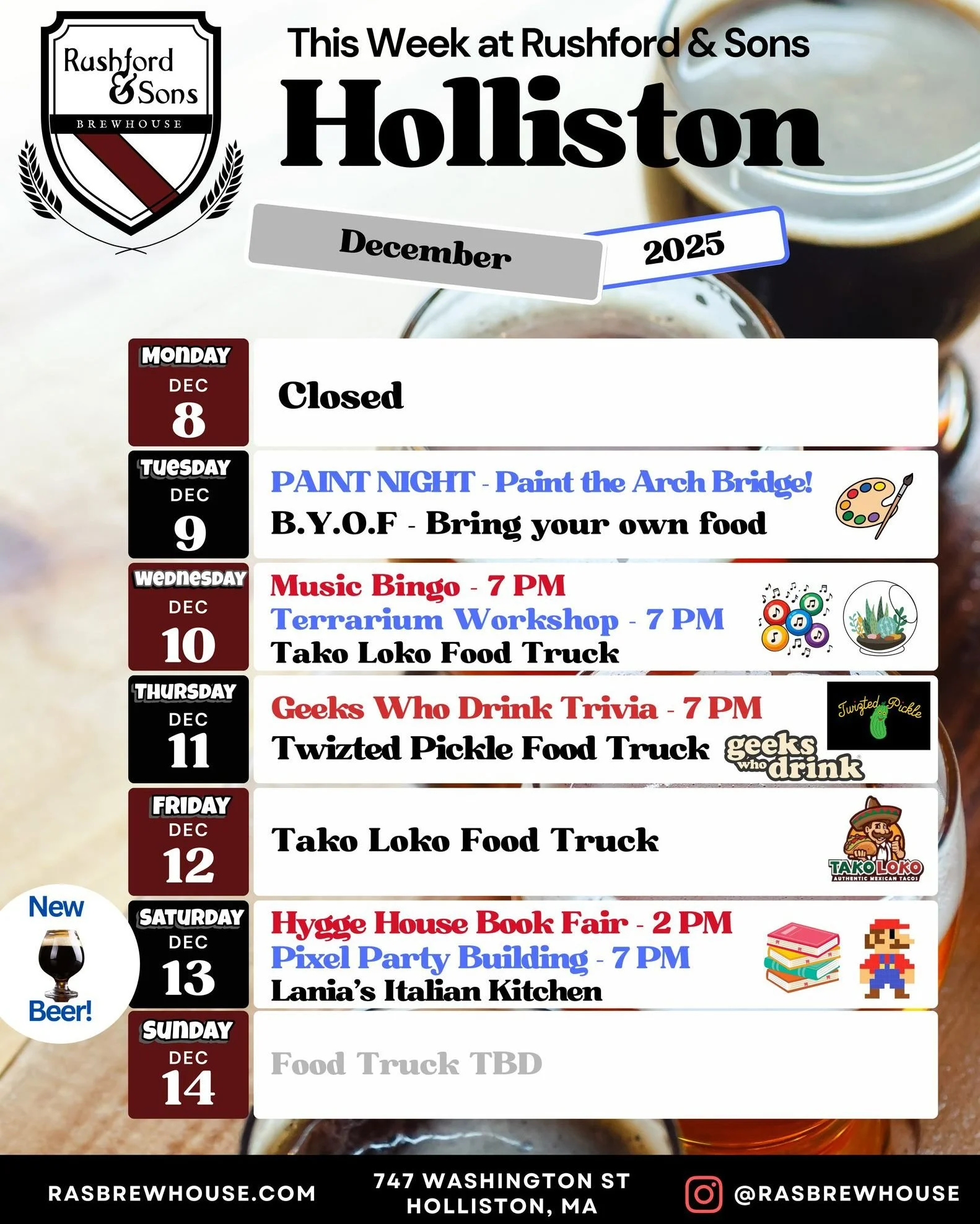 Hey there Holliston - check out our taproom events this week!
 
👨&zwj;🎨 You can still sign up for our Paint Night on Tuesday and paint your own beautiful picture of the historic Arch Bridge!
🎶 Music Bingo is back on Wednesday, and you can also sig