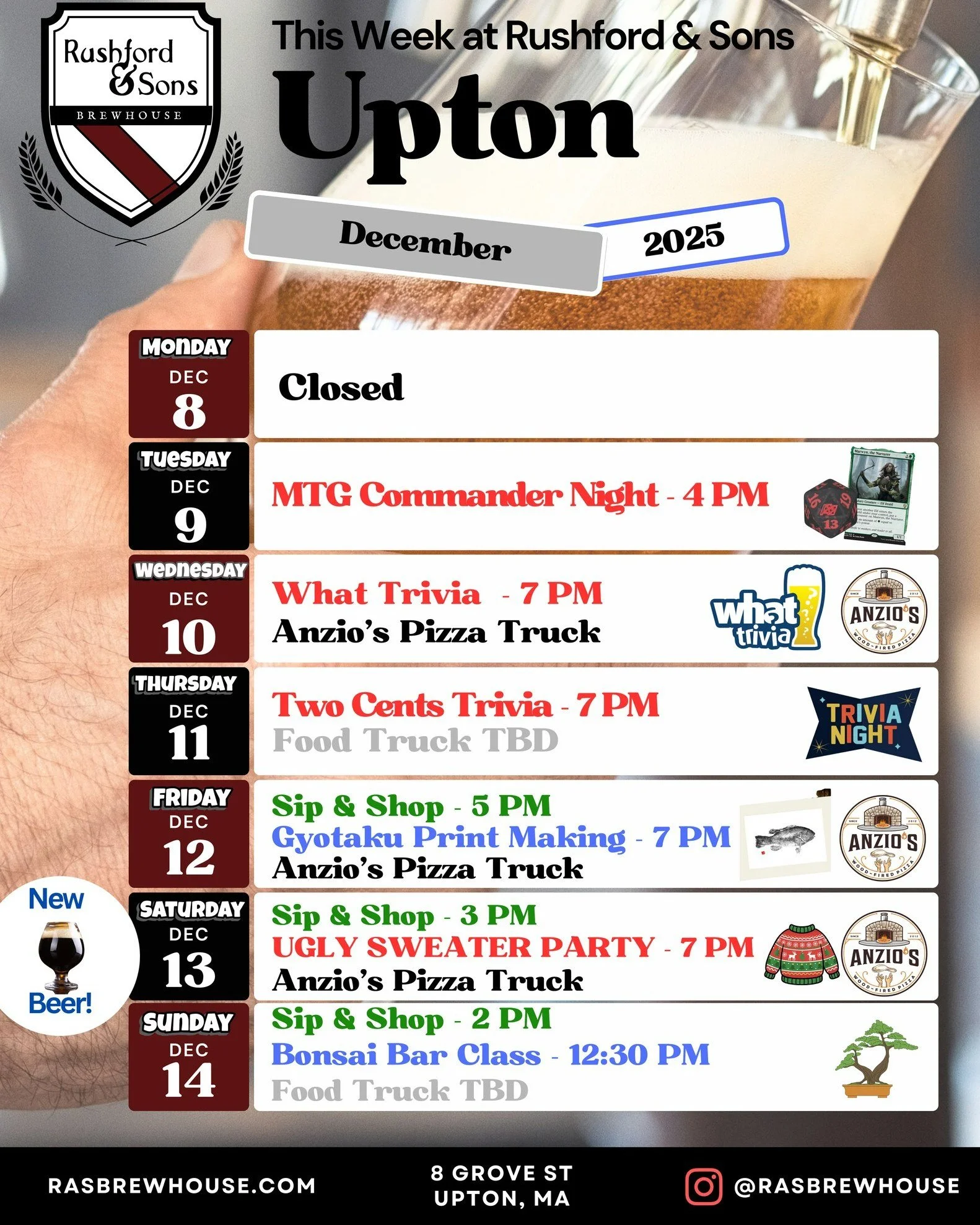 A lot happening this week at our Upton brewery this week! 

🎲🤔 Magic the Gathering meet up on Tuesday, and TWO nights of trivia on Wednesday and Thursday!
🛍 Get some holiday gifts checked off your list with three days of Sip &amp; Shops (Fri-Sun)!