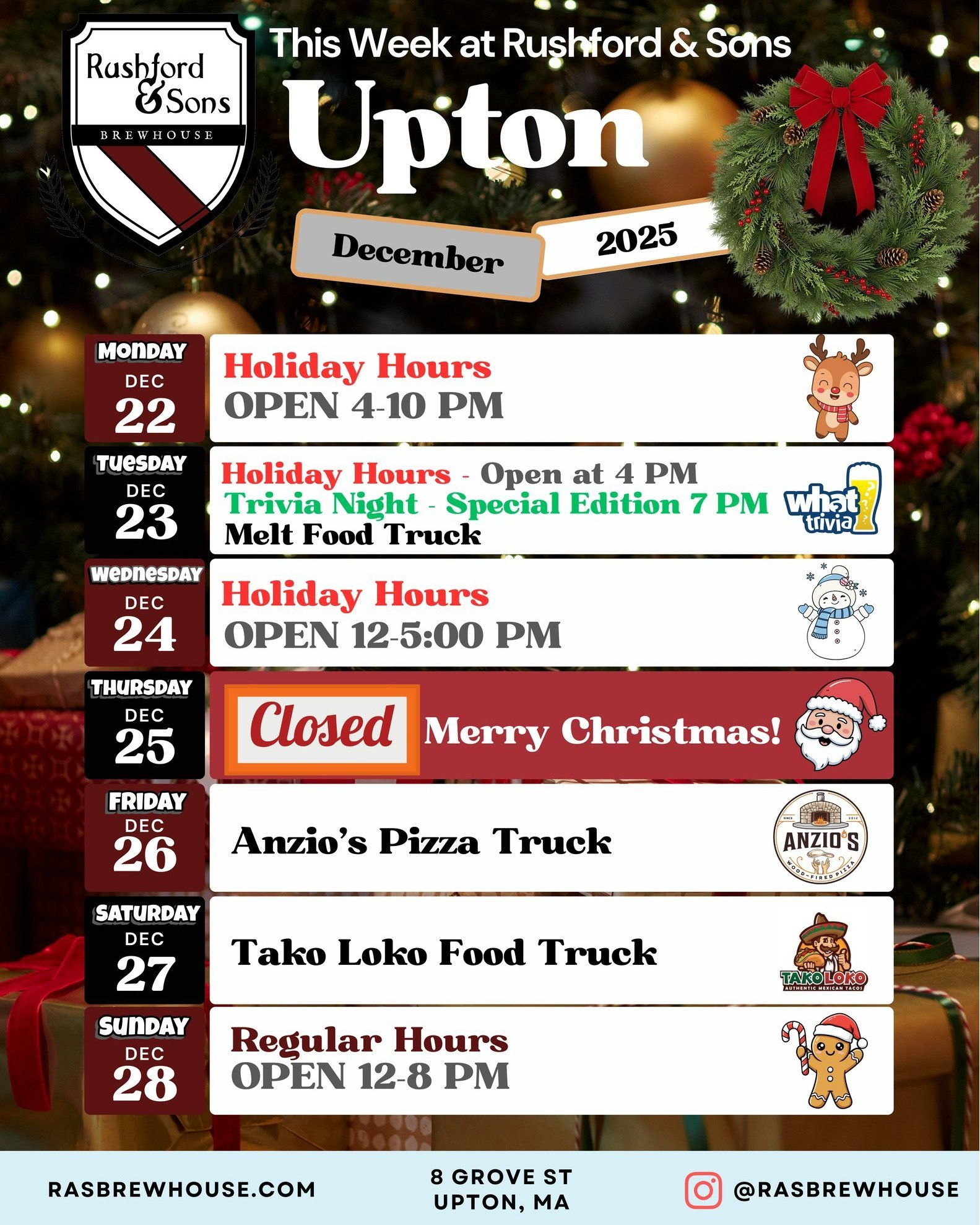 Running around this Holiday week doing all the last-minute errands, grocery shopping, and gift buying?  Come on by the brewery for a moment of recharge with a delicious beer and great people! 

🕐 We have special holiday hours, so we are OPEN today a