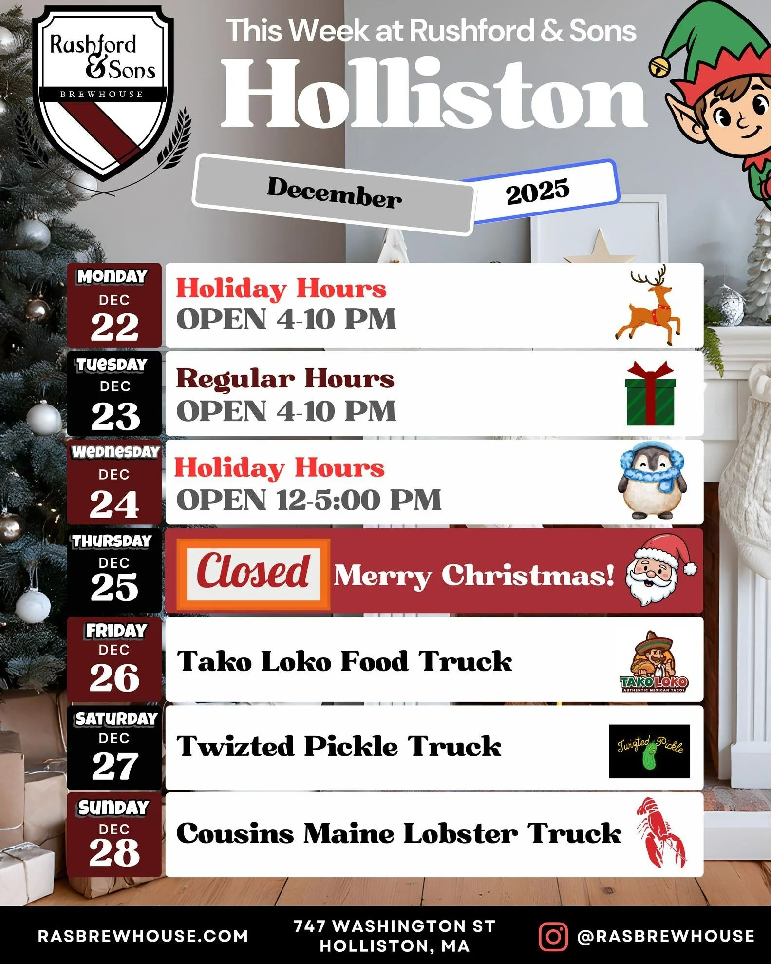 Hi Holliston!  How's that holiday planning coming along? Are you up to your earlobes in shopping lists and food prep?  Come on in for a break and a beer! 🍺😁

We don't have any special events at the taproom this week, but we DO have special holiday 