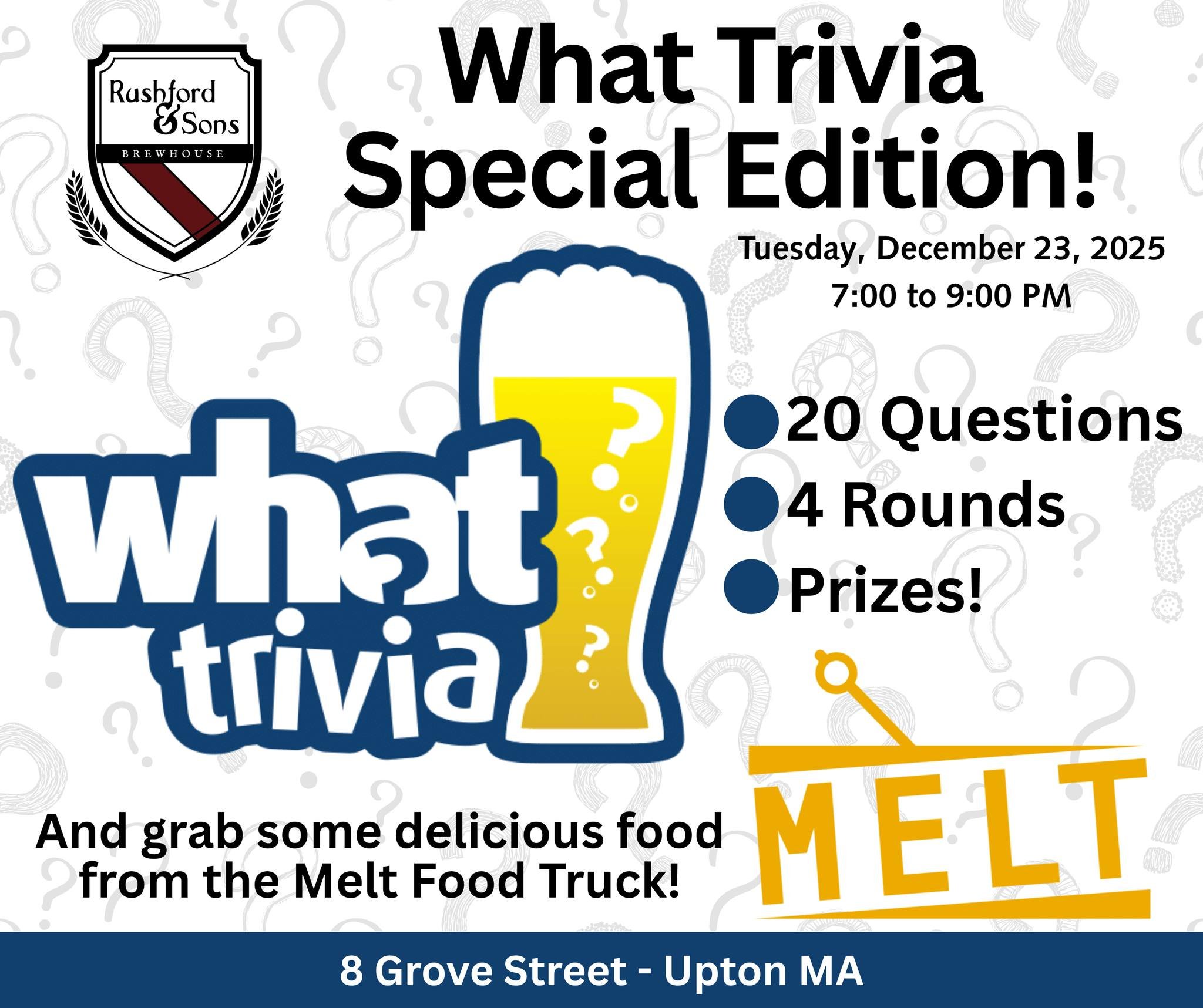Who's down for some pre-Christmas trivia tonight in Upton? 😁

Join us for a special Tuesday edition of What Trivia - you may win a prize! Put your thinking caps on and have our friendly beertender pour you a cold one to help you think better (we are