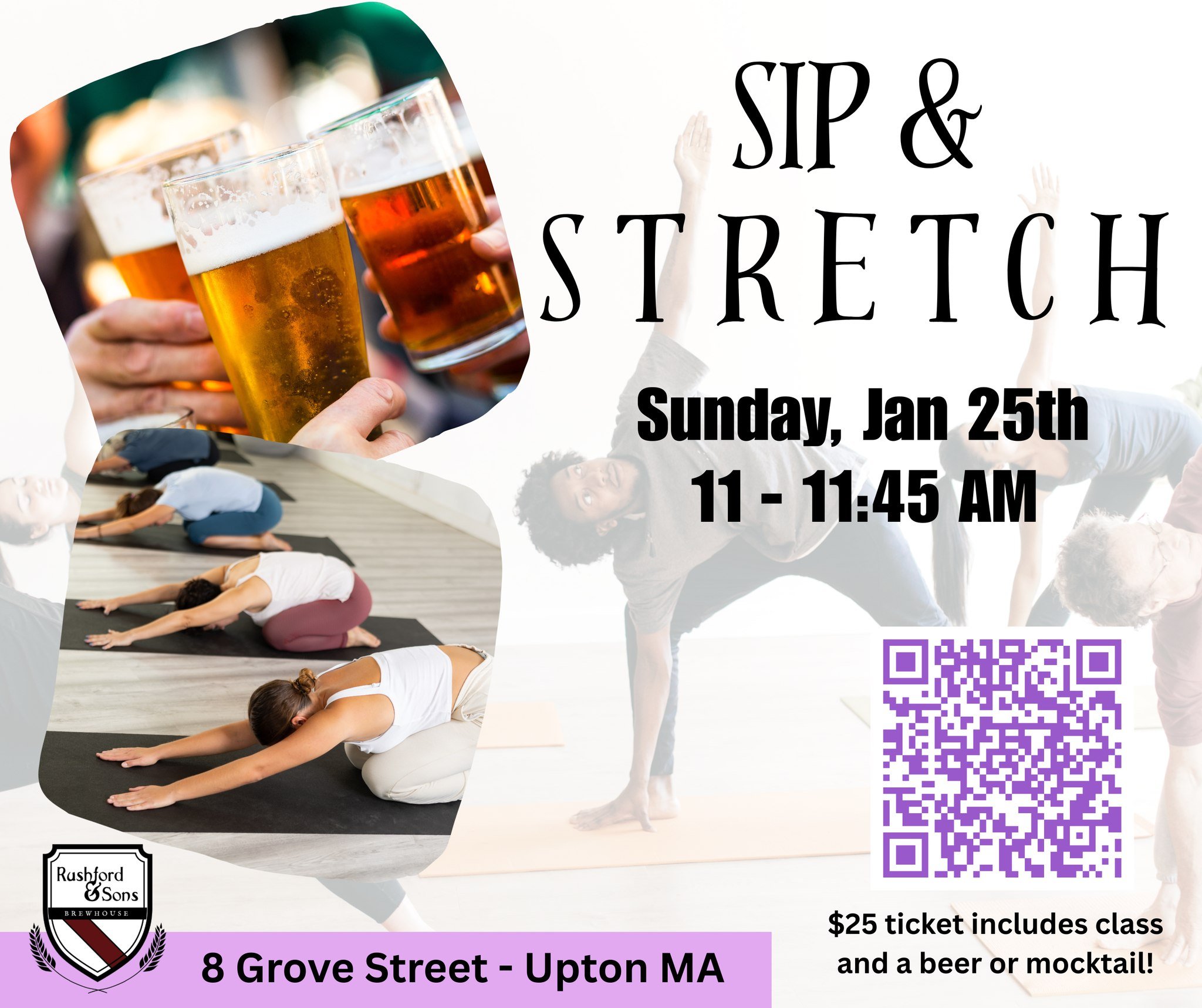 One week from today - make good on those New Year's resolutions with a Sip &amp; Stretch class! Stretch the winter soreness away, enjoy a moment of calm, and do your body some good! 🙆&zwj;♂🧘&zwj;♀️

Space is limited - Grab your spot here or scan th