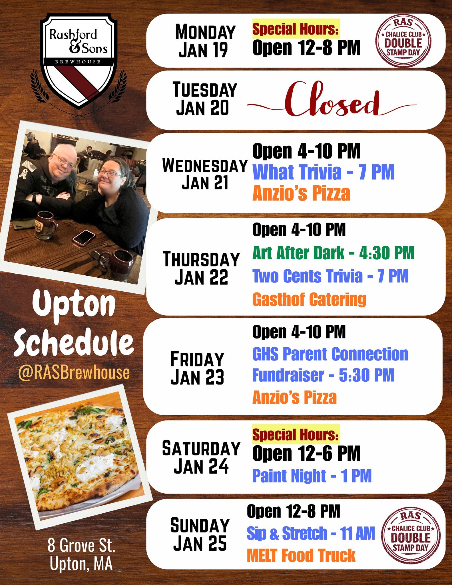 Hi Upton! This week's calendar below! 👇

A lot of fun events this week to join us for!

🔵 Weds - What Trivia &amp; Anzio's Pizza
🔵 Thurs - Art After Dark, Two Cents Trivia, and Gasthof Catering with the yummy German food!
🔵 Fri - join us for the 