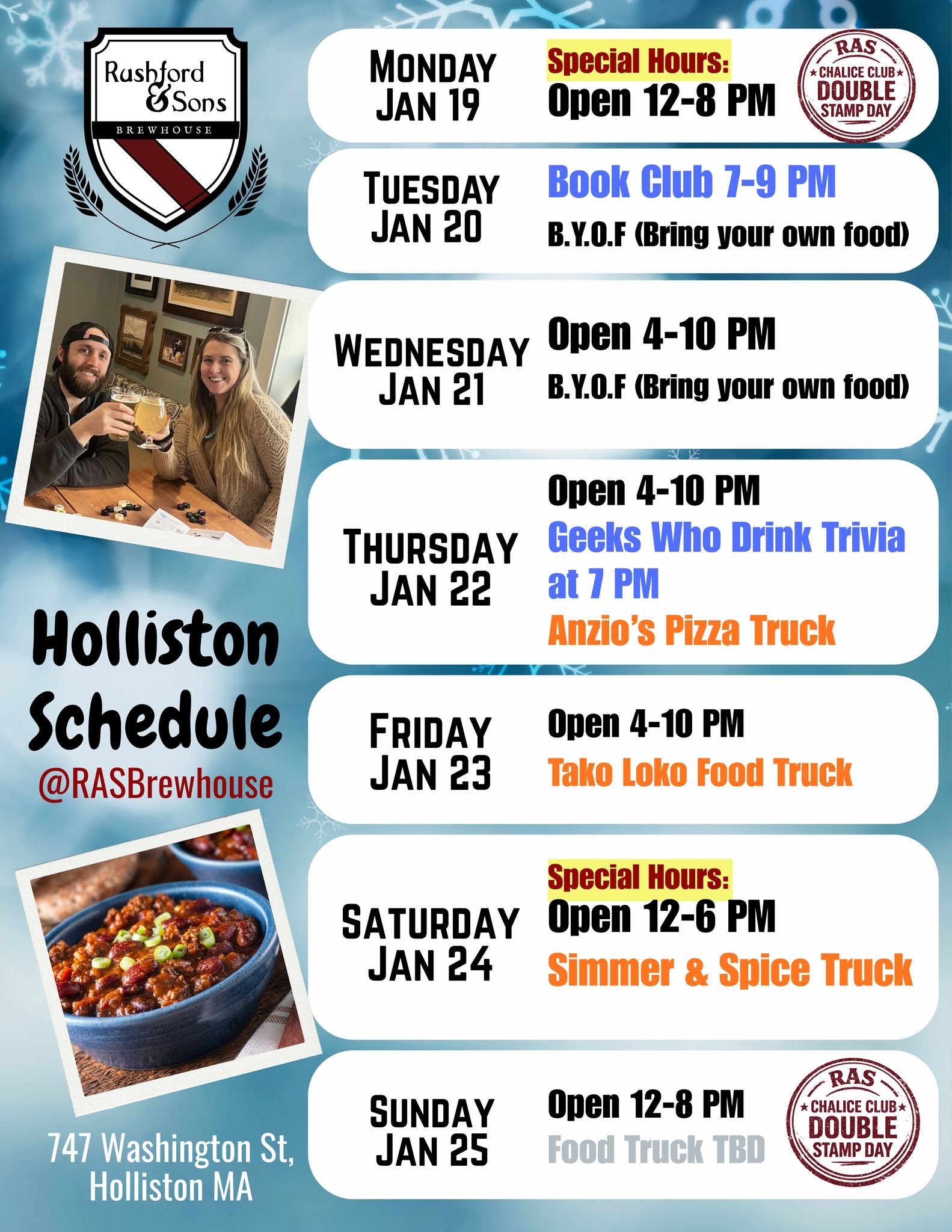 Hello again Holliston!  Check out our event calendar for this week! 👇

📖 If you are joining us for book club tonight, we are excited to see you at 7 PM! 📖

⭐ Weds - We are open from 4-10 PM. Bring in your dinner or have it delivered to the brewery