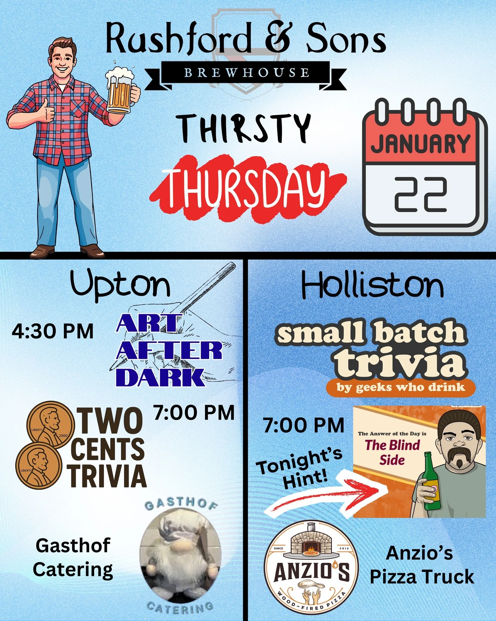 It looks like a lot of us may be snowed in this weekend unless Mother Nature takes a turn, so be sure to get to the store for water, bread, eggs, and other essentials. 🌨🌨🌨

Then come visit us for dinner and a couple of drinks!
🔵 Upton - Art After