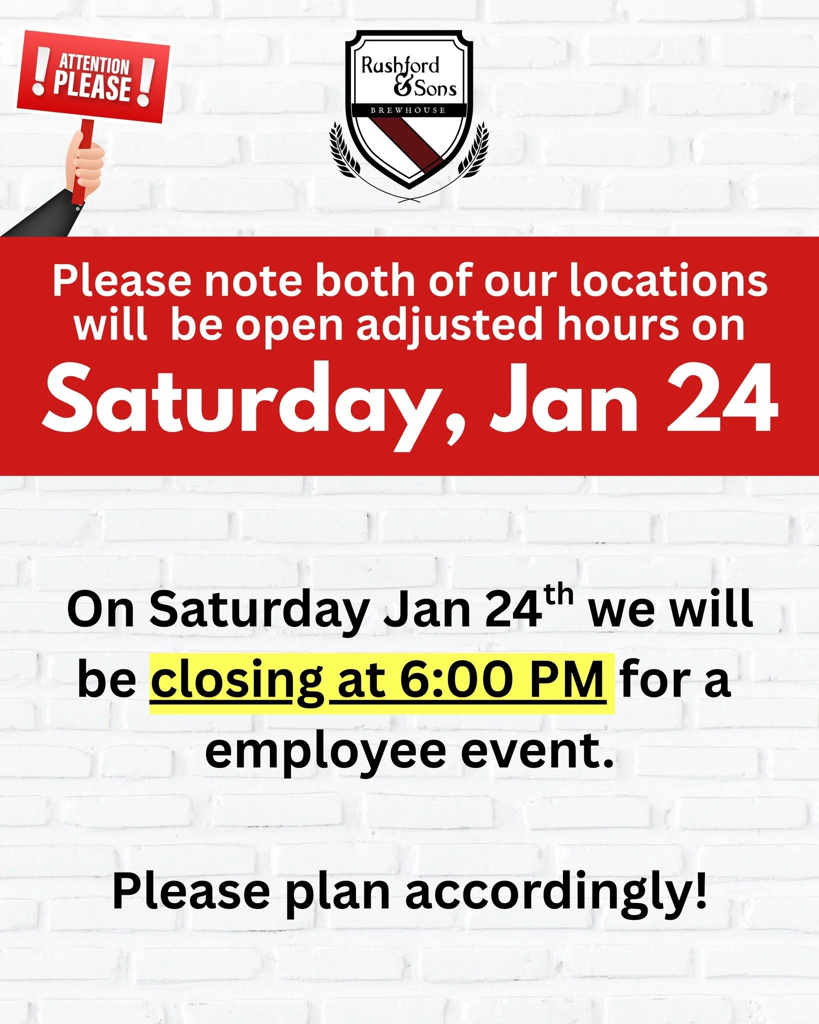 ✨🔴 IMPORTANT NOTE 🔴✨

We are opening at 12 PM in both of our locations (Upton &amp; Holliston) as usual today, but both spots will be CLOSING AT 6:00 PM for a staff appreciation event! 🕕🔐

If you need beers to take home for the incoming weather, 