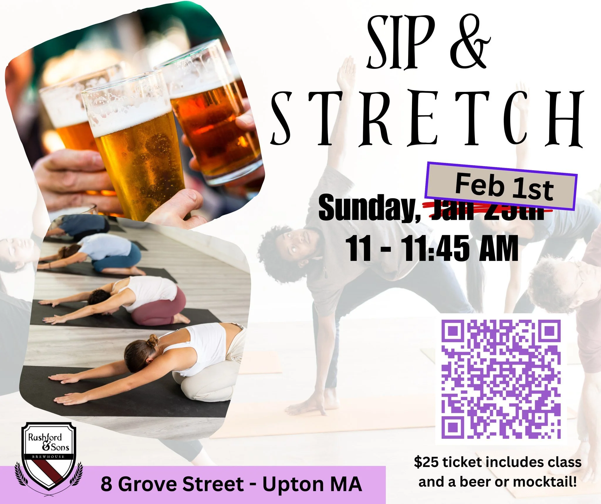 The Sip &amp; Stretch class scheduled for today has been RESCHEDULED to Sunday, February 1st, due to the weather.

We hope to see you then! 🧘&zwj;♀️🍺💙