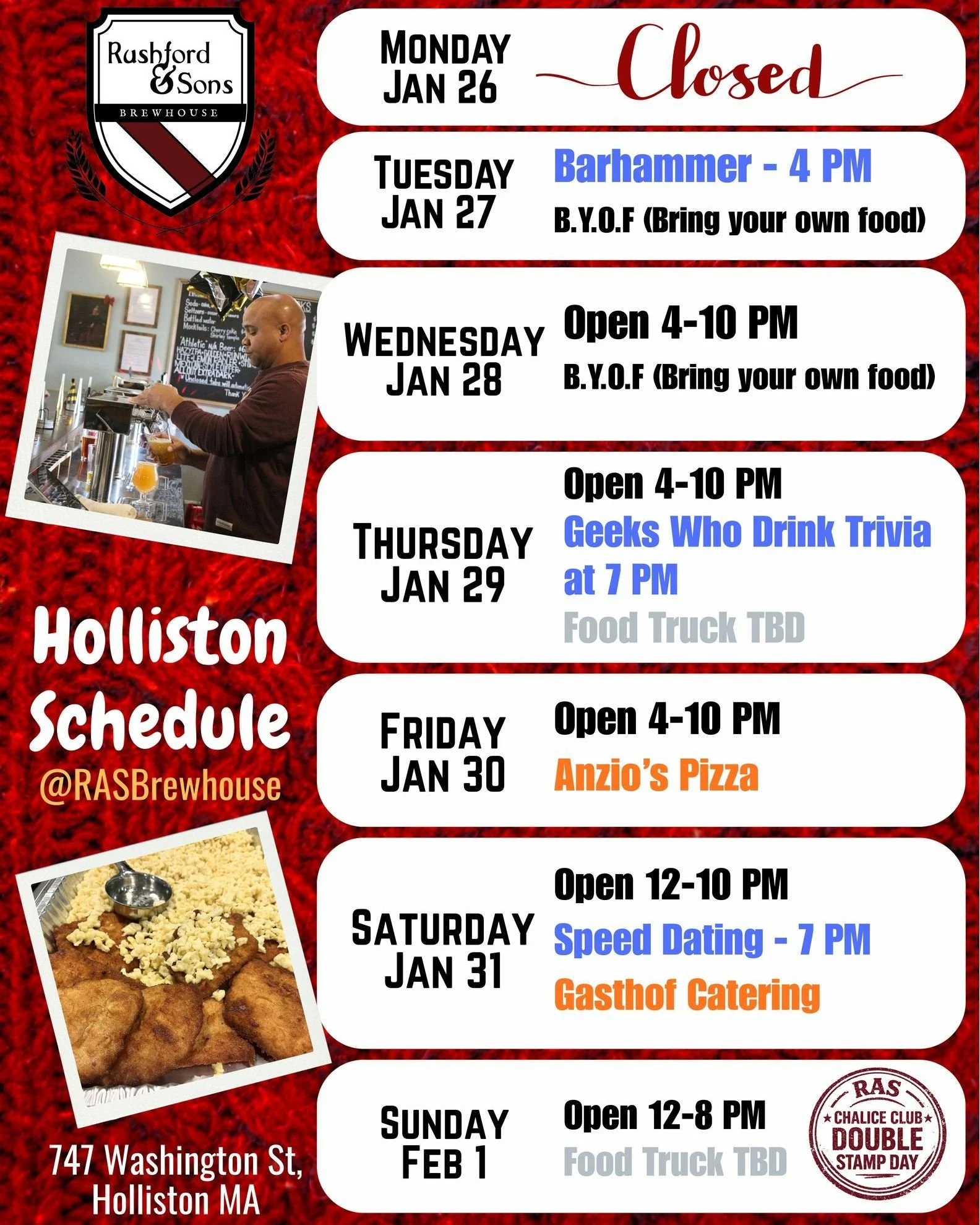 How 'bout them Patriots, huh!? 🏈🎉

We know you have a lot of shoveling to do Holliston, but once your driveways are cleared, come on out and join us for a beer or two!  This week's schedule below!

🎲 Tomorrow we have our Barhammer group for those 