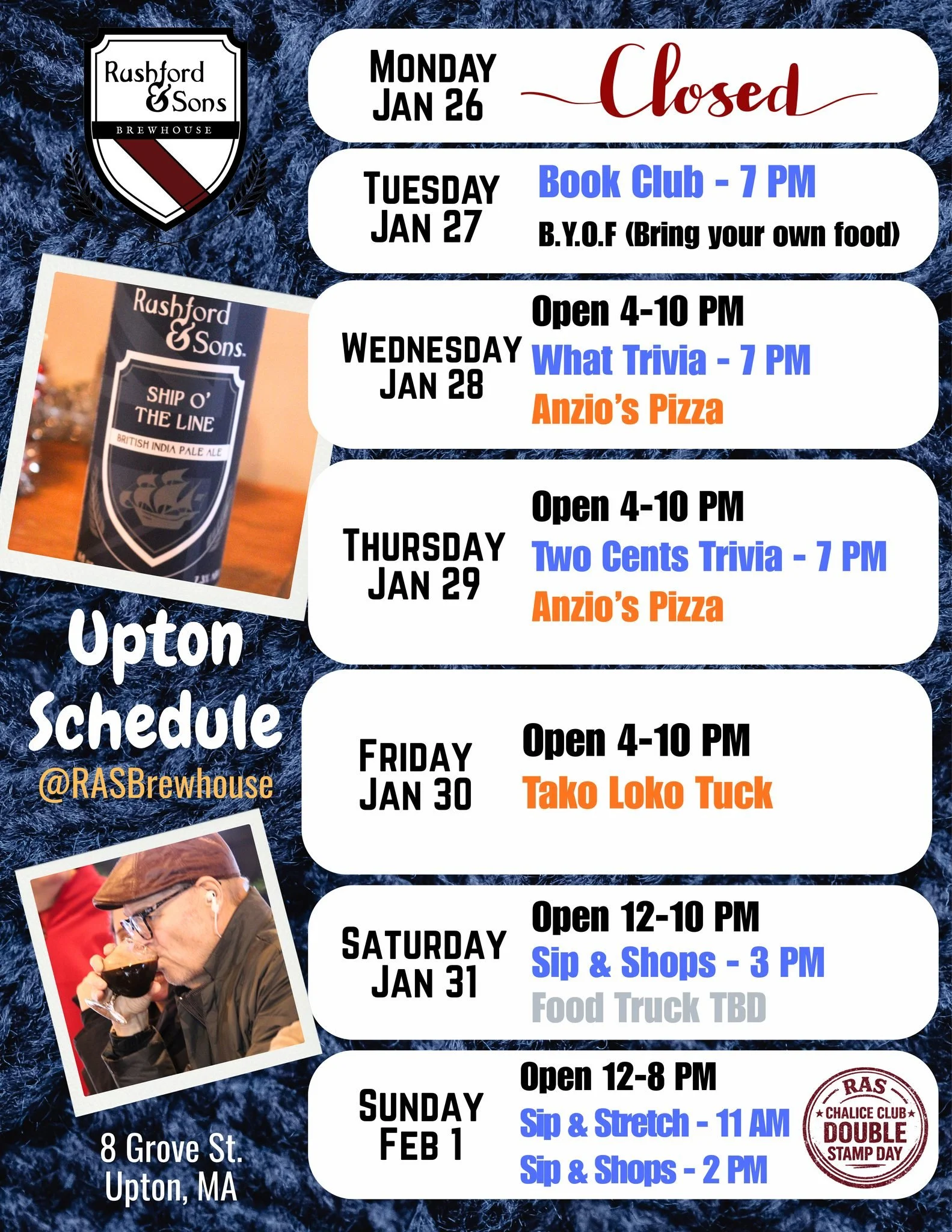 Okay - we made it through the storm AND the Pats are heading to the Super Bowl, so we'll call that a decent weekend! ❄🎉🏈

Our weekly schedule for Upton is below - once you dig yourself out, come join us for book club, trivia nights, vendor pop-ups,