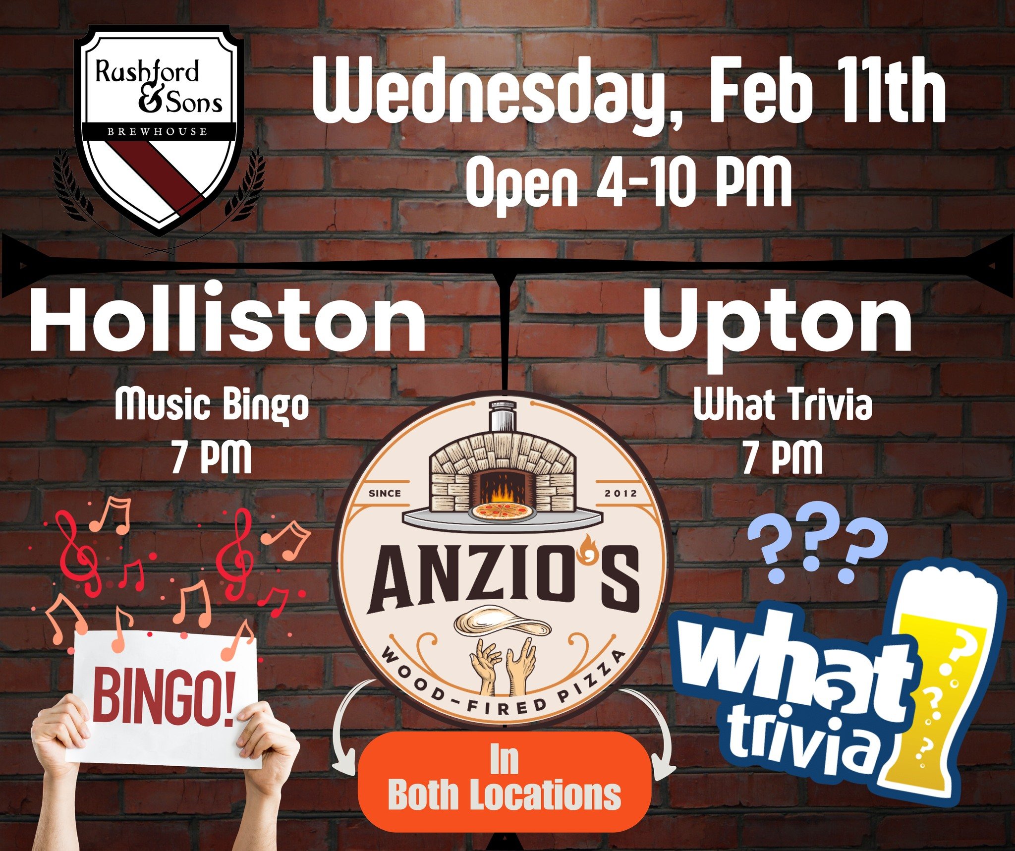 Join us tonight at our Upton brewery or Holliston taproom for some mid-week distraction! 😀🍺

Holliston - Music Bingo starts at 7 PM 🎶
Upton - Trivia starts at 7 PM 💡

And Anzios Brick Oven Pizza will be at both spots, serving up their delicious p