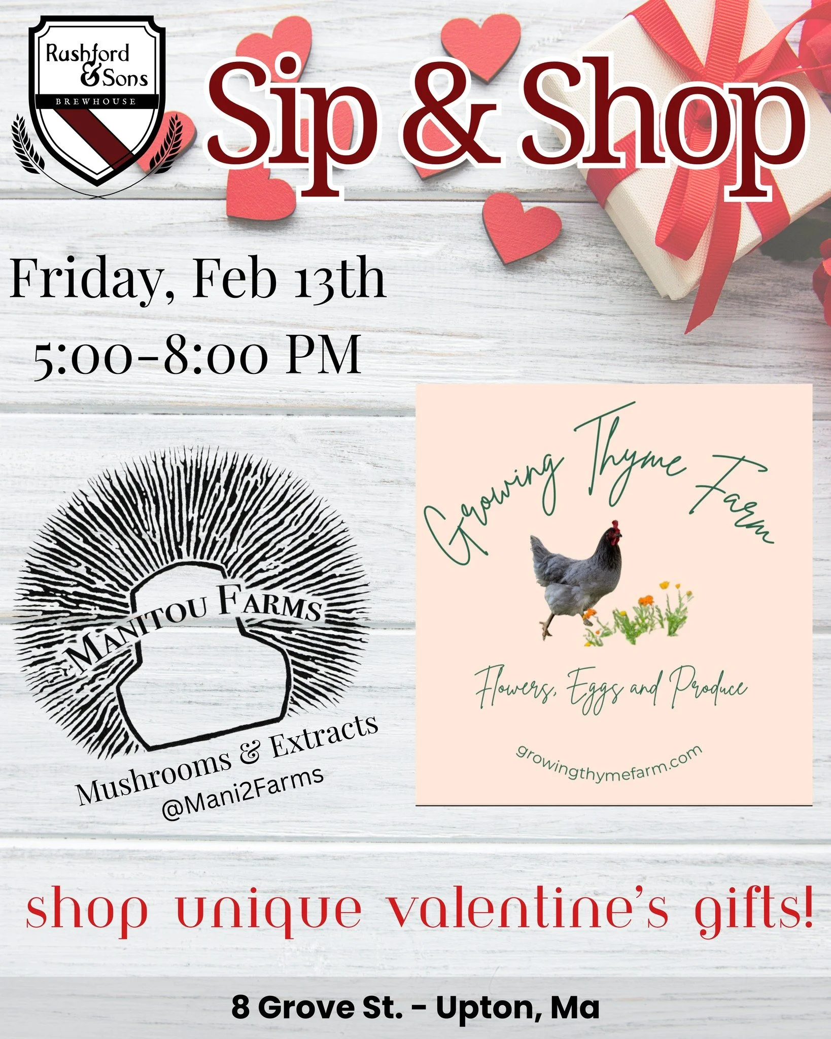 Looking for a Valentine's gift from the heart, something unexpected, or just want to show yourself some love with a cool buy? 💕💕💕

Support local small businesses with our Sip &amp; Shop event tonight at 5 PM in Upton! We'll have Manitou Farms with