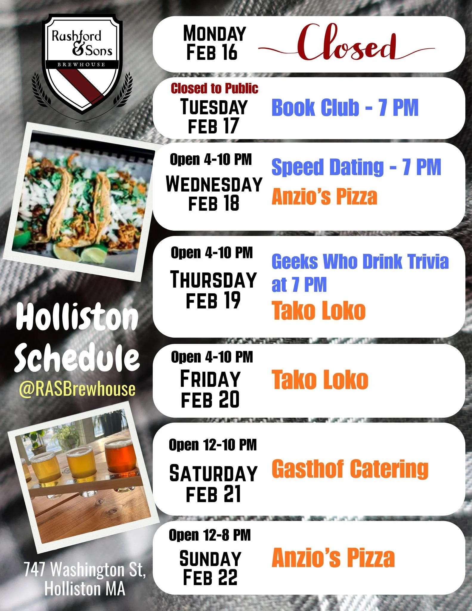 Well, hello Holliston! Ready for another great week at the taproom! We are! 🍻

📖 Book Club tomorrow (Tue) at 7 PM discussing Jane Harper's THE DRY. 
👫 Wednesday - Speed Dating is back (ages 50s-60s) - Sign up to meet someone new!
🤔 Thursday - Wee
