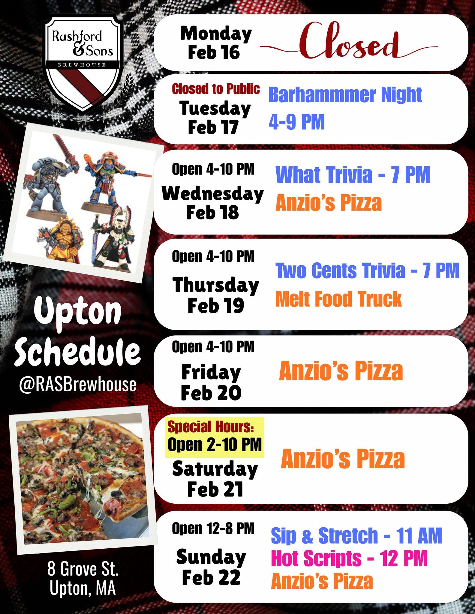 Heyyy Upton! We hope you're enjoying your long weekend!

We have some cool things happening this week at the brewery - so come on down and be a part of the fun! 🙃

> Tomorrow (Tue) - Don't forget to sign up for Barhammmer if you are so inclined! 