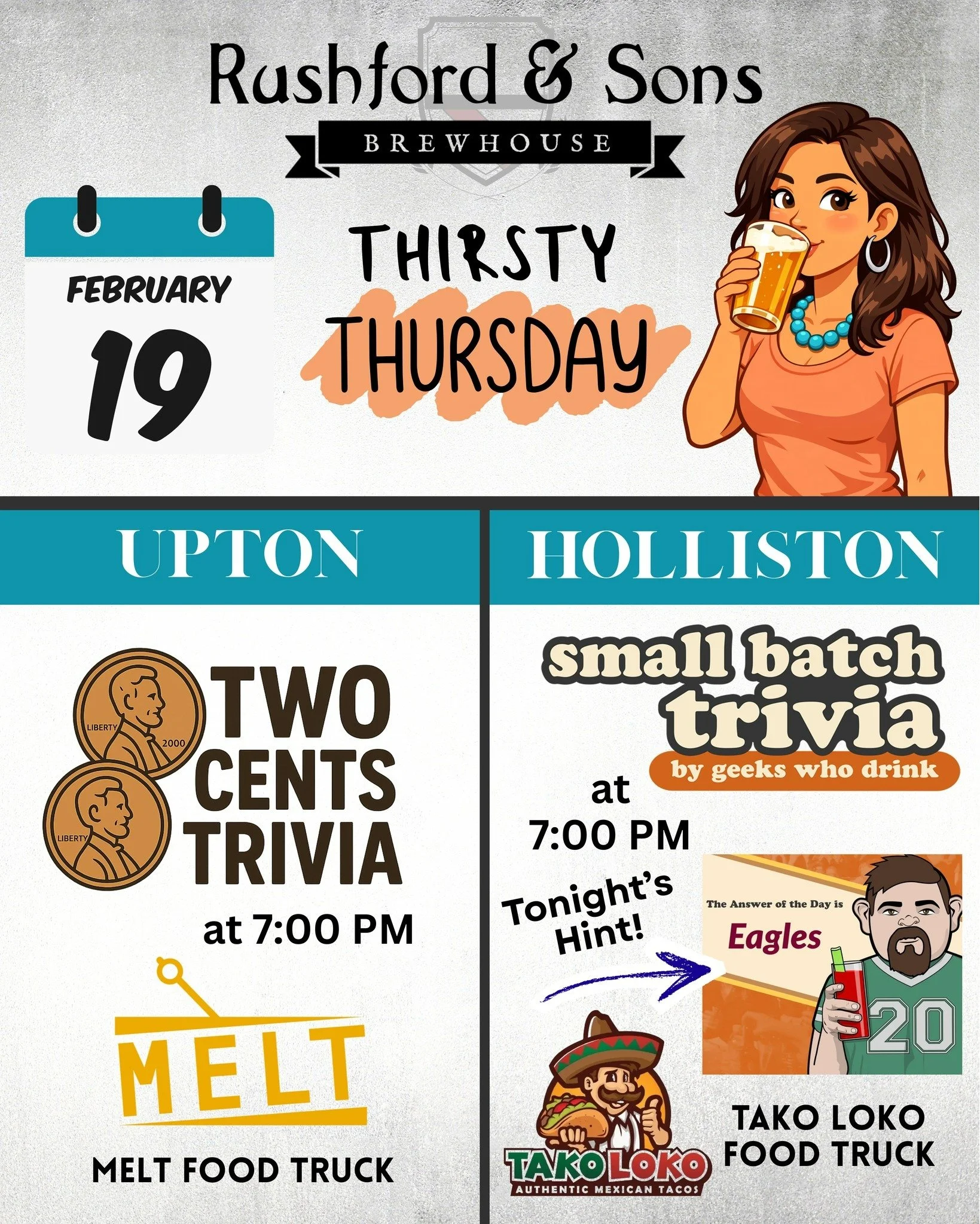 We have made it to Thirsty Thursday!  For a short week, it certainly hasn't felt that way, so we are ready for some fun! 🍻

Join us for trivia and yummy food in either of our locations tonight!
>>Upton - Two Cents Trivia and the Melt Food Truc