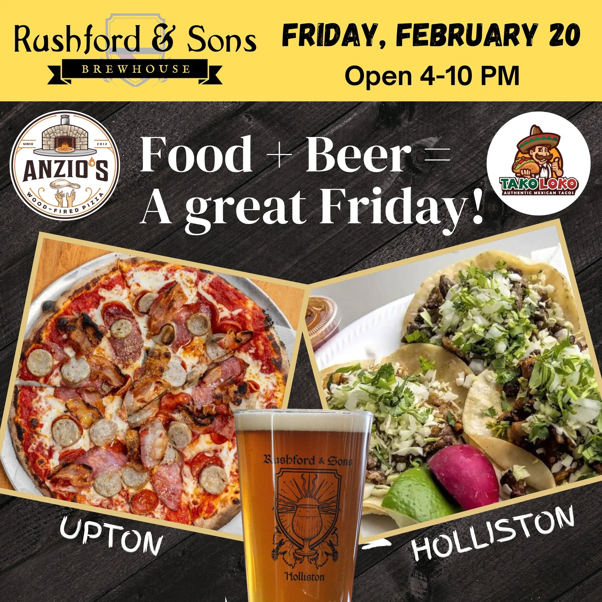 🎵 It's Friday, I'm in love - with beer and delicious food! 🎵

Get an early start on your weekend and join us in either Upton or Holliston tonight for dinner and its perfect pairing...our beer! 🍺

Seems like a good night to have someone else cook f