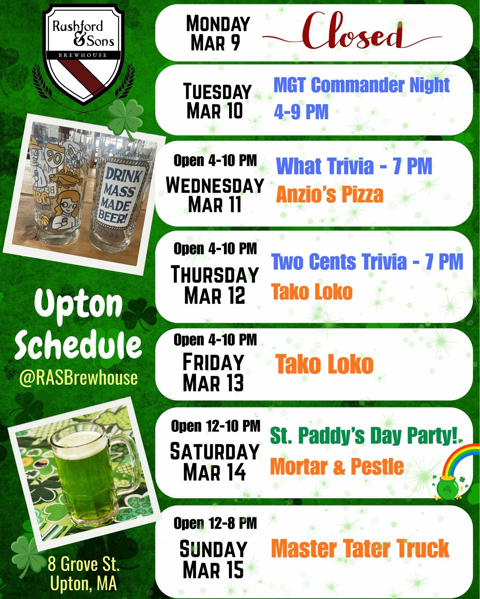 Come enjoy the good weather this week out on our patio Upton! 🌞

✨ Into Magic the Gathering or want to learn more about it? Sign up for our event tomorrow! 
🤓 🍕 Join us Wednesday for Trivia and pizza!
🤯🌮 On Thursday, feed your brain with more tr
