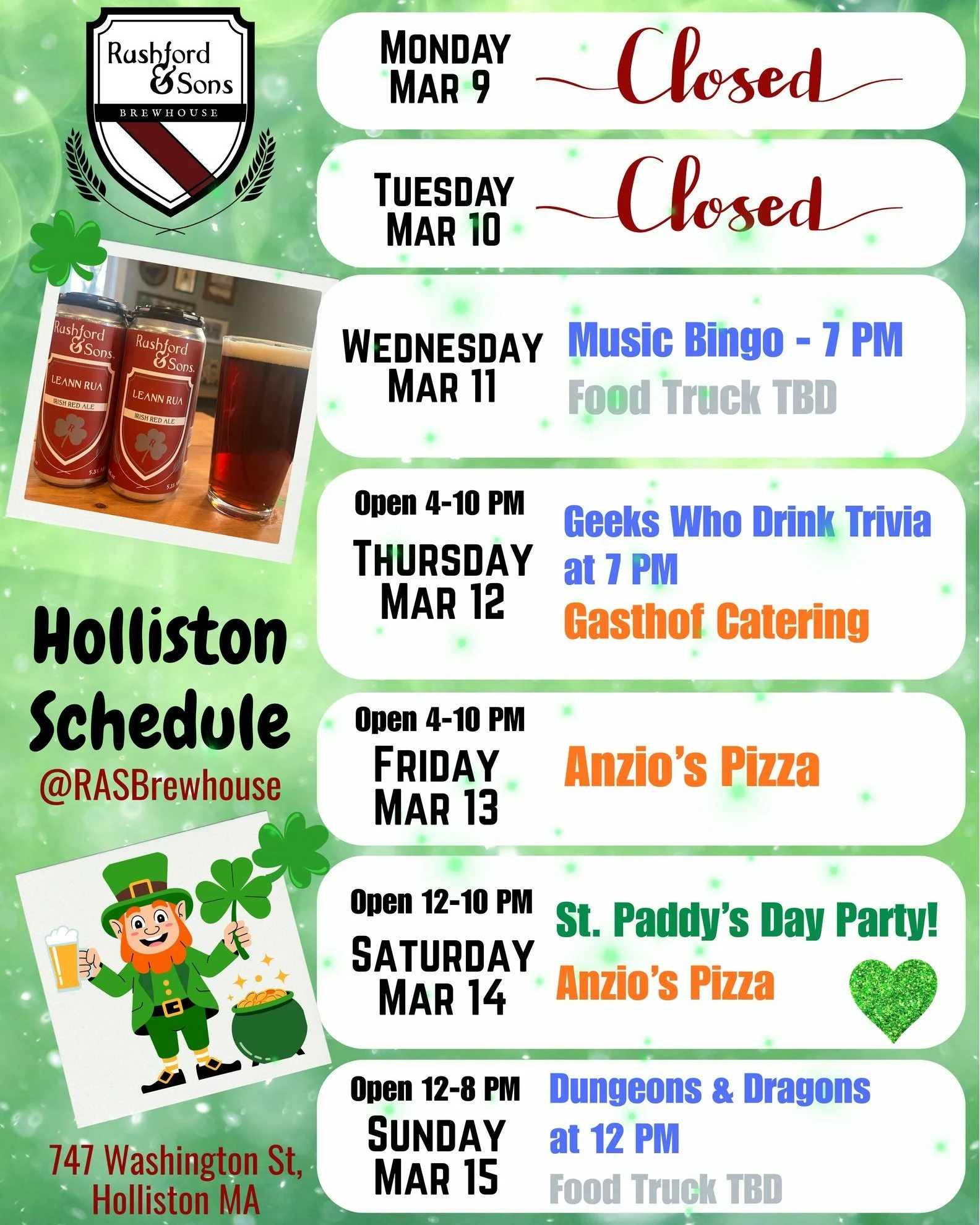 Hello Holliston! 

Do you feel that? March has brought some warmth (finally) and we are bringing some fun! 

Stop in for some Music Bingo on Weds or Trivia on Thursday...or, even better, BOTH! We will also have Gasthof Catering here on Thursday with 