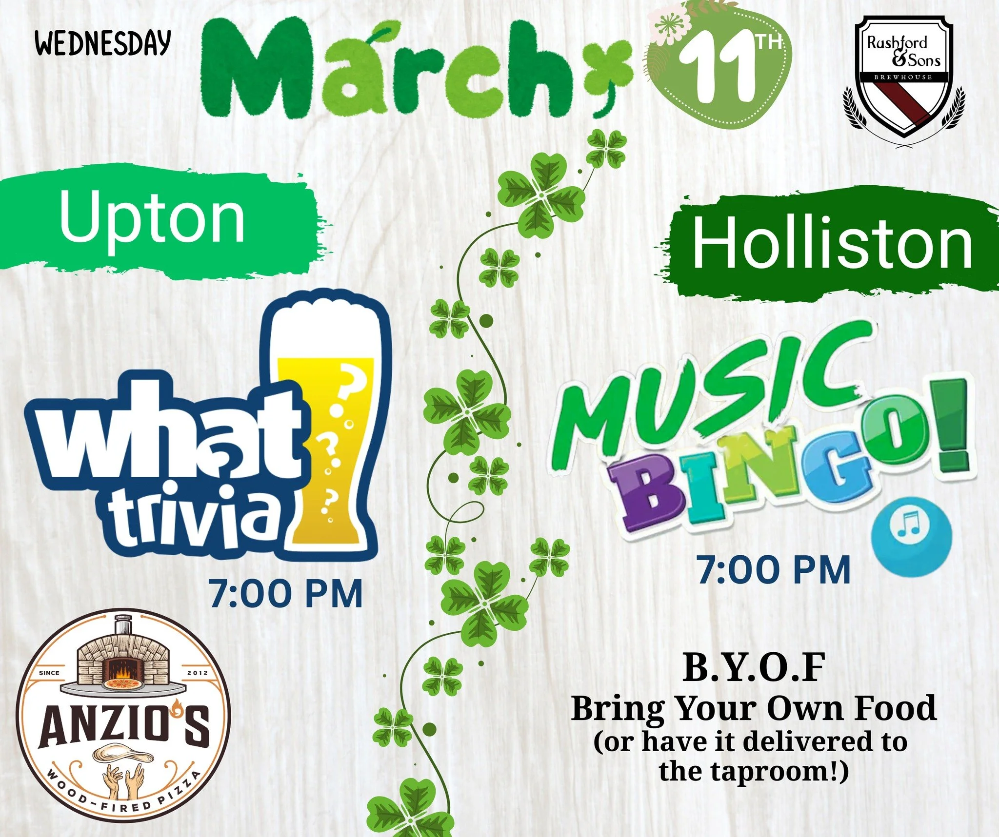 Woot woot it's Wednesday! 

Looks like we may get a little rain after yesterday's Spring-like weather, but that's ok! We have cozy &amp; dry vibes inside with trivia in Upton and music bingo in Holliston tonight!  Come by for some beer and a little f