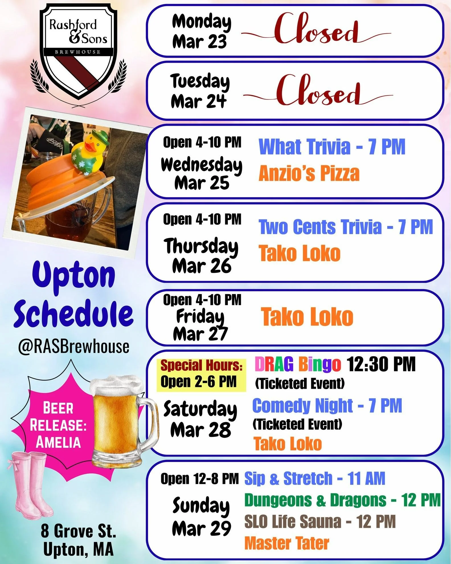 Hey Upton! Need a distraction? We are here to deliver this week!

🤓 Join us for What Trivia Wednesday and some delicious Anzios!

🌮 More Trivia on Thursday and the flavors of Tako Loko.

🎤💋 Saturday - note that we are open limited hours to the pu