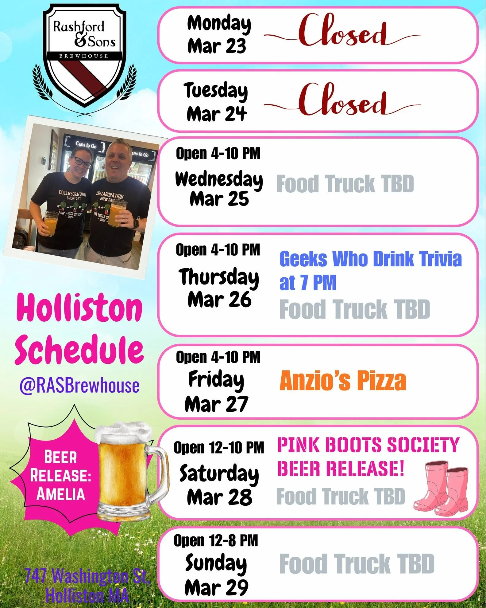 Hi Holliston! Working on the food trucks this week, but still have some fun things for you!

🤓 Trivia on Thursday - bring your knowledge and you could win a prize!💲
🍕 Anzio's bringing the melty goodness on Friday night!
🍺 Saturday, we have our 20