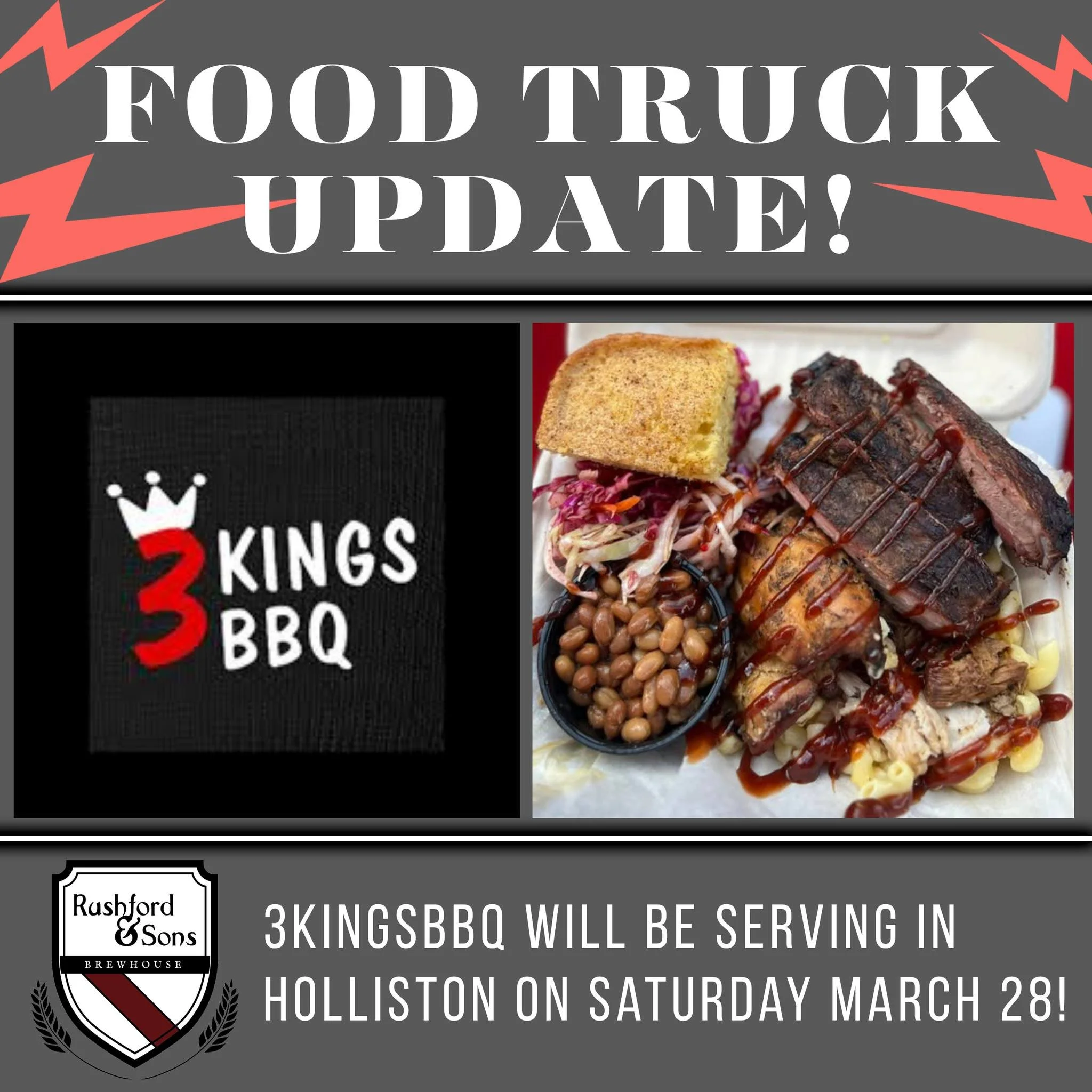 📣 𝐅𝐎𝐎𝐃 𝐓𝐑𝐔𝐂𝐊 𝐔𝐏𝐃𝐀𝐓𝐄 𝐟𝐨𝐫 𝐒𝐚𝐭𝐮𝐫𝐝𝐚𝐲, 𝐌𝐚𝐫𝐜𝐡 𝟐𝟖 𝐢𝐧 𝐇𝐨𝐥𝐥𝐢𝐬𝐭𝐨𝐧!

We're excited to announce that we will now have  3kingsbbq serving their DELICIOUS food on Saturday in Holliston! If you haven't tried their BBQ be