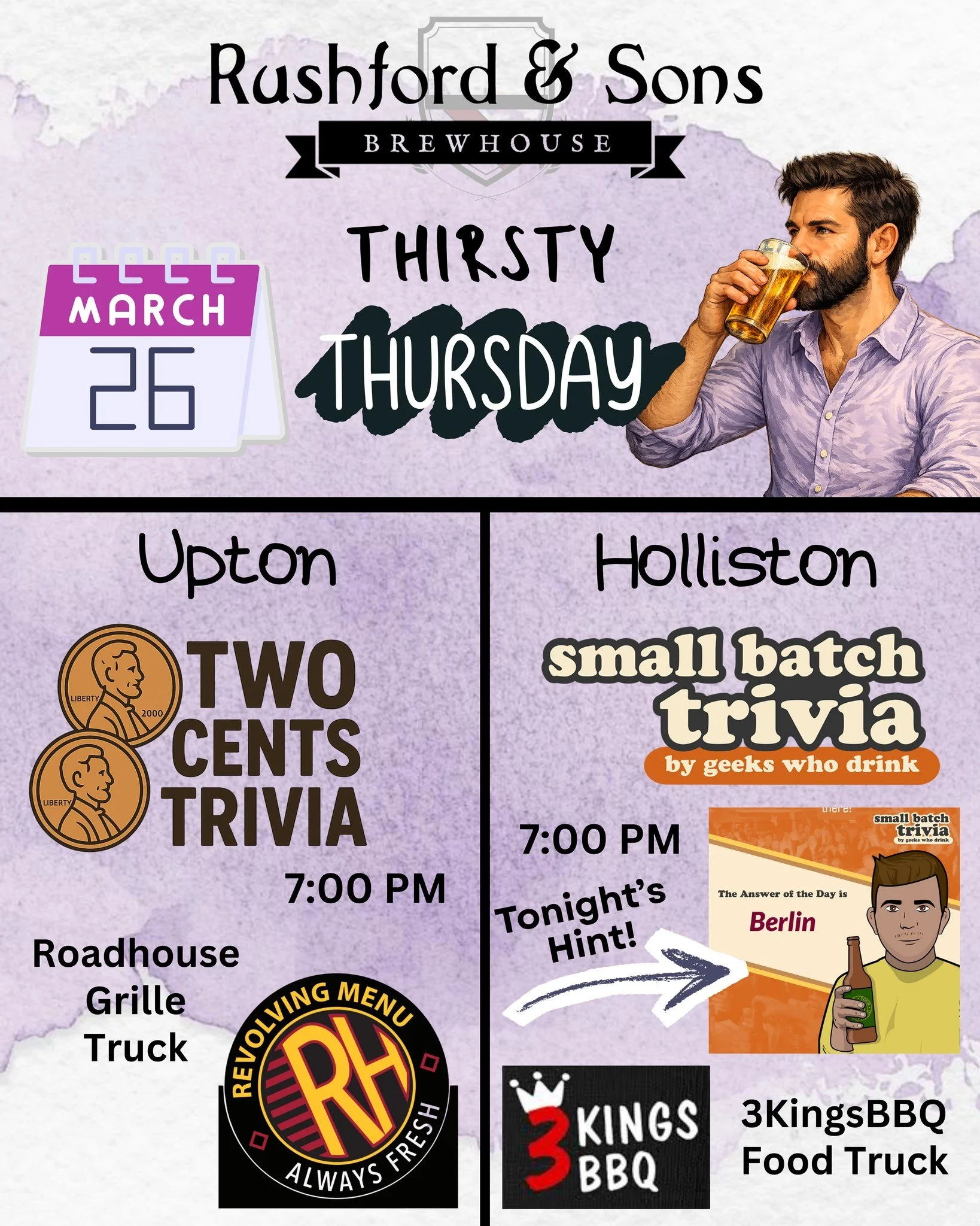 It's Thirsty Thursday, one of our most favorite days of the week! 

We HAVE the trivia! And you know what goes great with it? Our delicious beer and some really amazing BBQ! 🍺🍖

➡ Visit us in Upton for Two Cents Trivia and grab some dinner from the