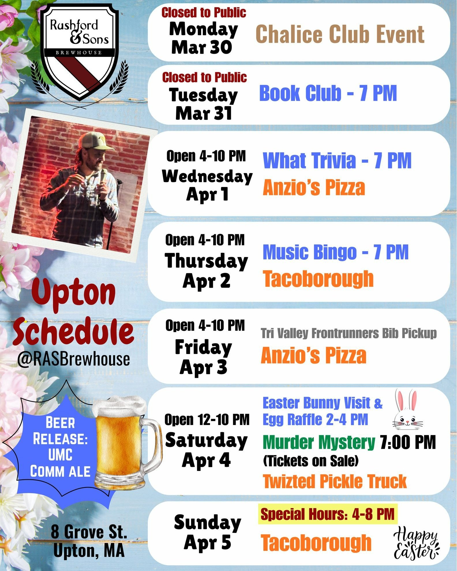 Spring is in the air Upton! 🌸

We have a full week of fun for you at the brewery! We are looking forward to welcoming our Chalice Club members tonight for a private event, and our Book Club tomorrow!  Here's what else we have planned! 👇🏼👆

🔵 Wed