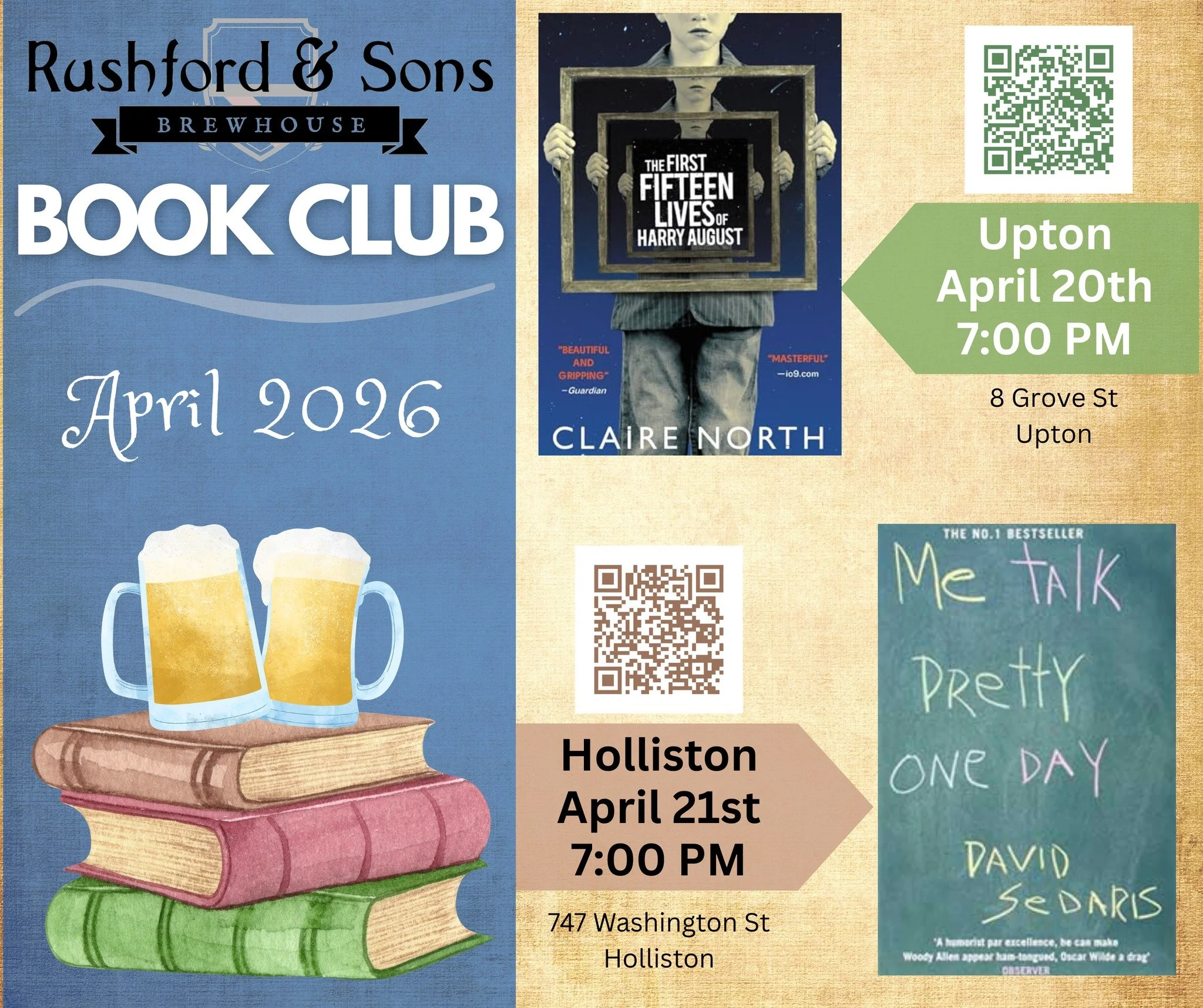 Happy April bookworms! 📚🐛

We have some awesome books selected for this month's book clubs. We hope you can join us in Upton on 4/20, Holliston on 4/21...or both!

Scan the QR codes here for more information!

#bookclub #book #bookworm #brewery