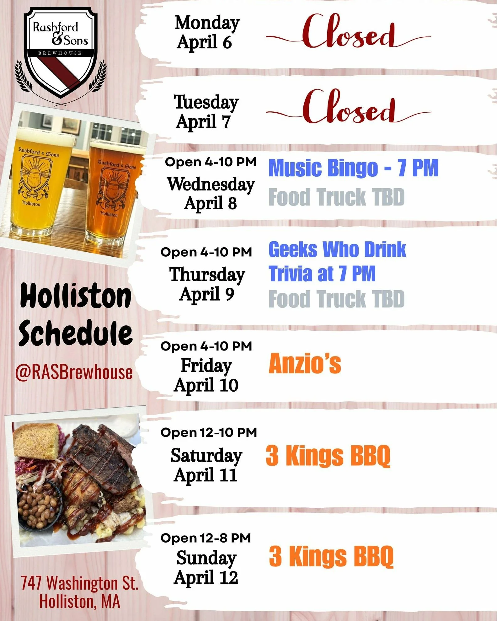 Ok, Holliston - we may be getting some weird flurry on Tuesday, but the good news is the rest of the week and weekend look AMAZING, so our beer garden will be the place to be! 🙌☀

Join us for Music Bingo on Wednesday and Geeks Who Drink Trivia on Th