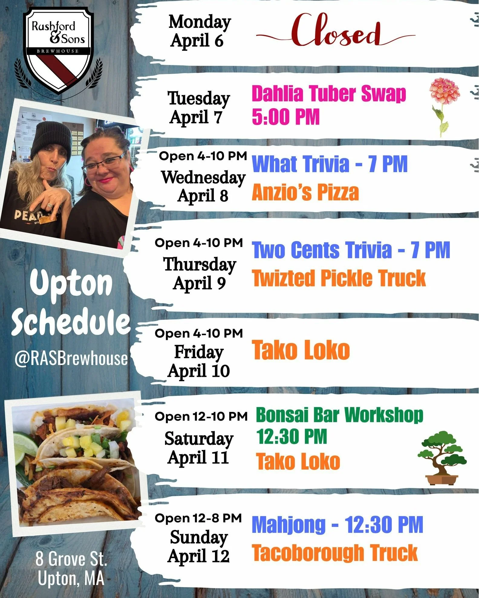 Heya Upton! Ready for another fun, action-packed week at the brewery?

🏵 Gardeners (avid and amateurs) are welcome to join us tomorrow for a Dahlia Tuber Swap - swap, buy, sell, learn more about these gorgeous flowers.
🤓 Come down for trivia Wednes