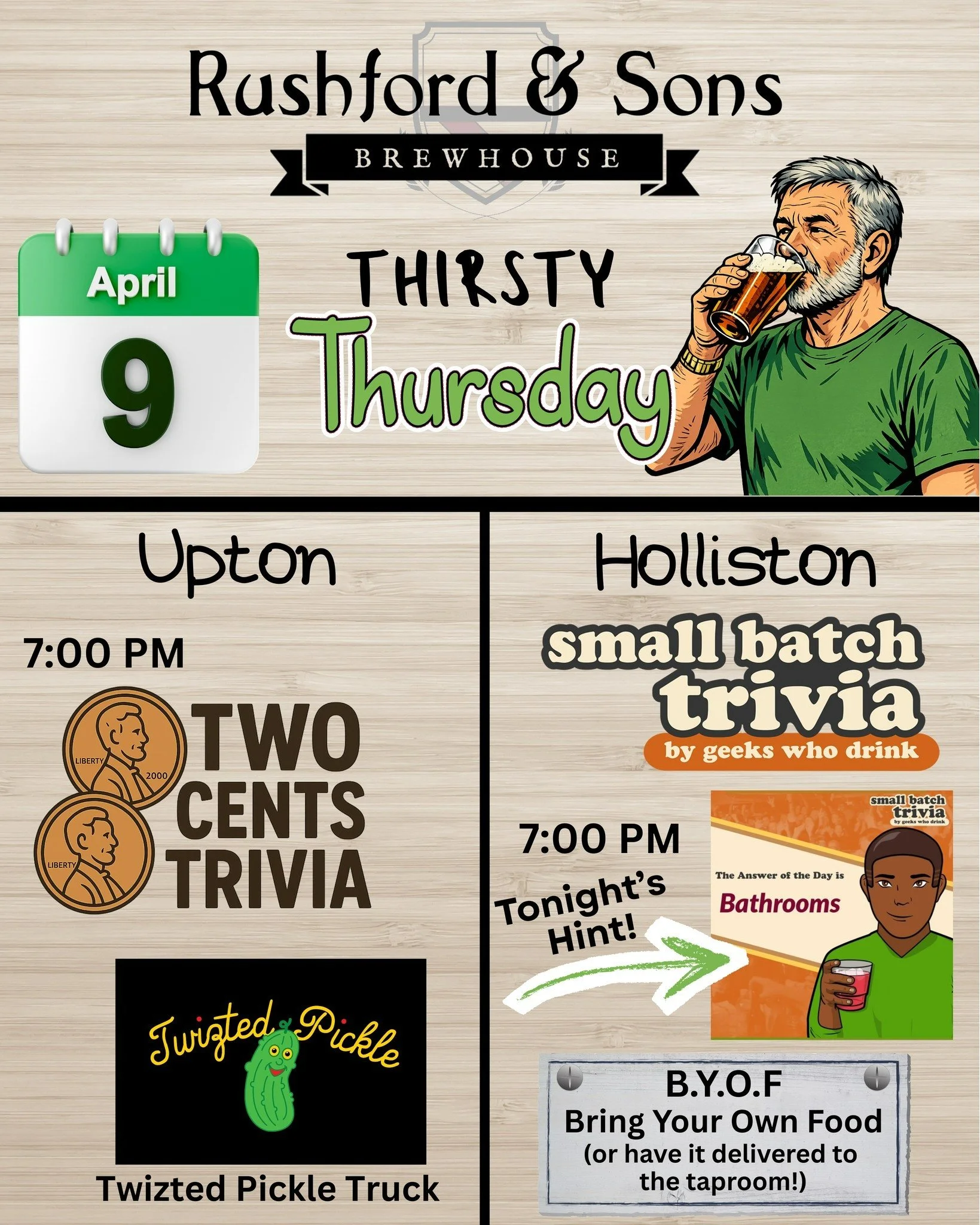 It's Thirsty Thursday Trivia Time! 🎉

Join us in Upton for Two Cents Trivia and the Twizted Pickle food truck, or come by our Holliston taproom for Geeks Who Drink Trivia and bring in your dinner! 

Wherever you end up, we are ready to have a couple