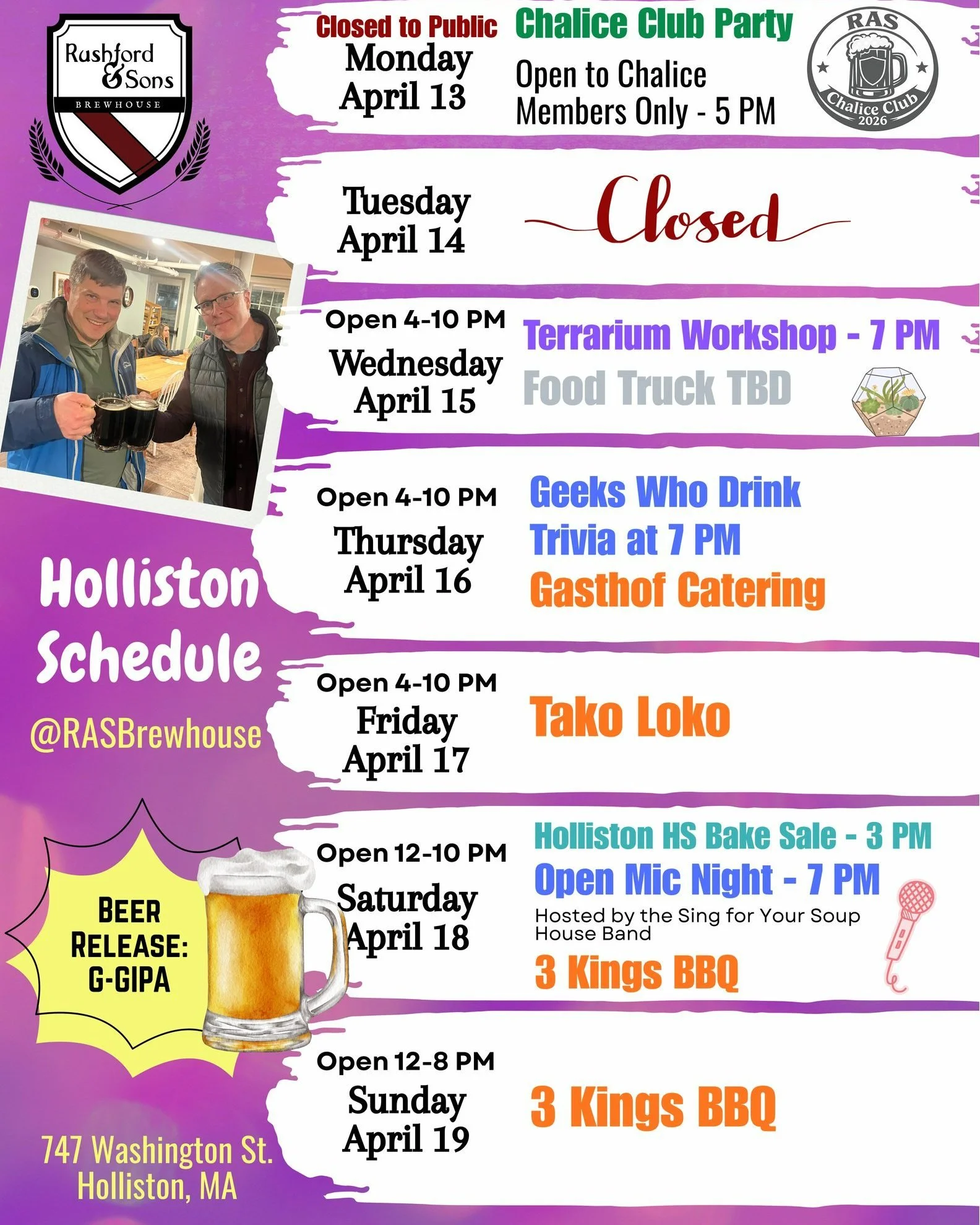 We have a fun week in the taproom Holliston! Here are some highlights! 💛

 - Monday (Today) - Chalice Members only event at 5 PM 🍺
 - Wednesday - bring the outdoors in: sign up for the Terrarium Workshop! 🪴
 - Thursday - Trivia night with Geeks Wh