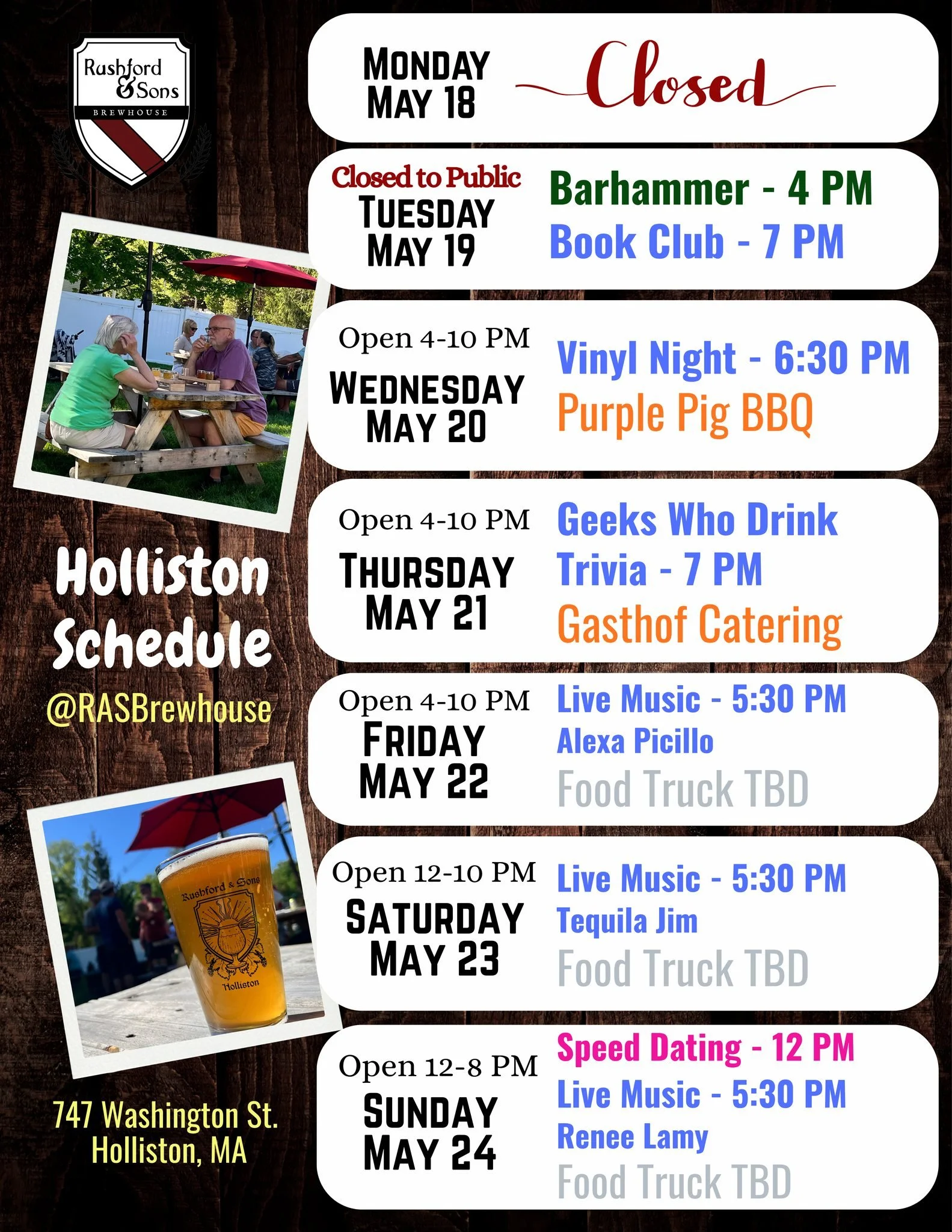 Well, hi there Holliston!  Have you been out to see our improved beer garden yet? We have gorgeous grass, table umbrellas, and our live music is back on weekends! Join us this week for some fun!

▶ Tomorrow - Barhammer and monthly Book Club
▶ Wednesd