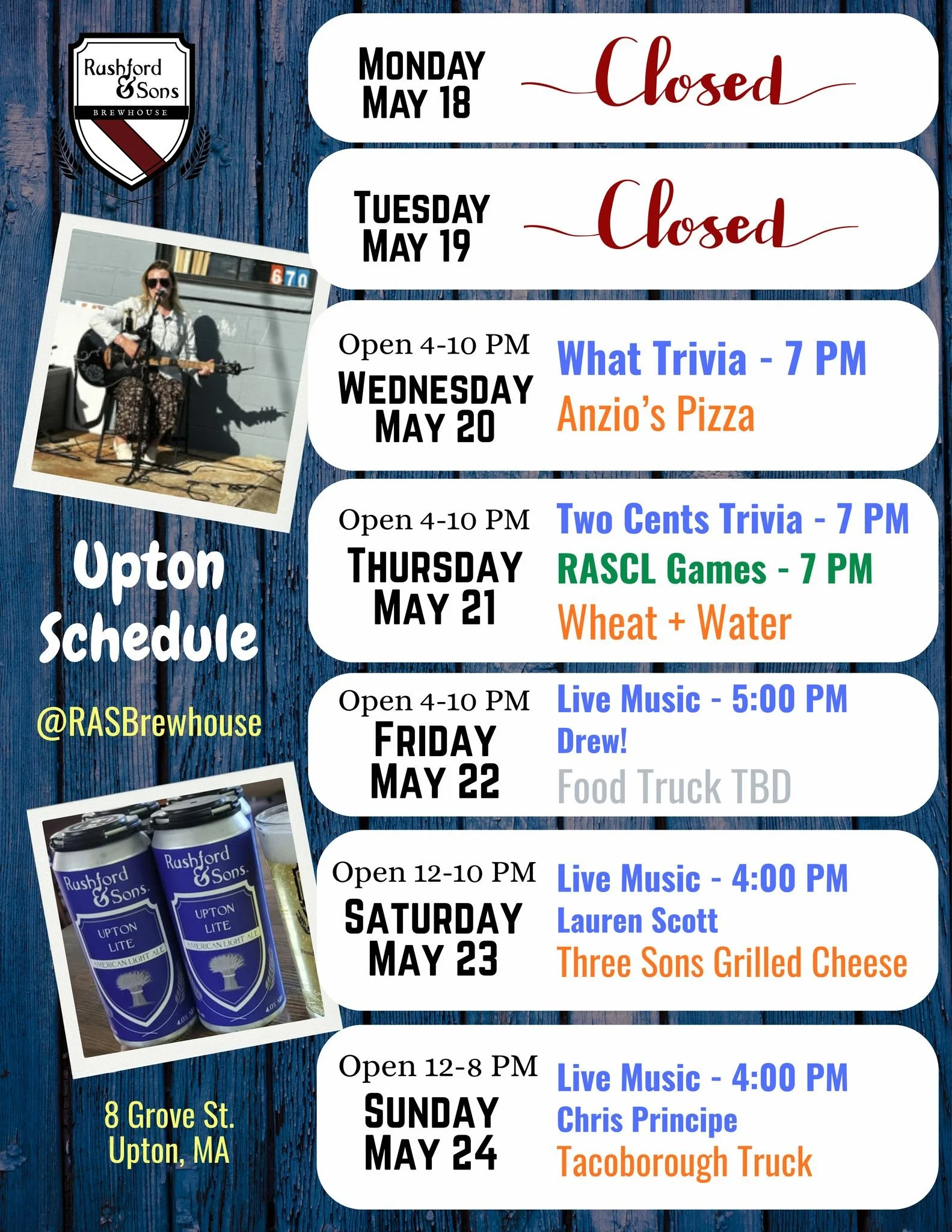 Let's have a great week Upton! Join us this week for trivia and live music!

🤓 Wednesday - Weekly What Trivia and Anzio's Pizza
🤔 Thursday - Two Cents Trivia and the Wheat &amp; Water truck, plus cheer on our RASCL players!
🎶 Friday - Live Music: 
