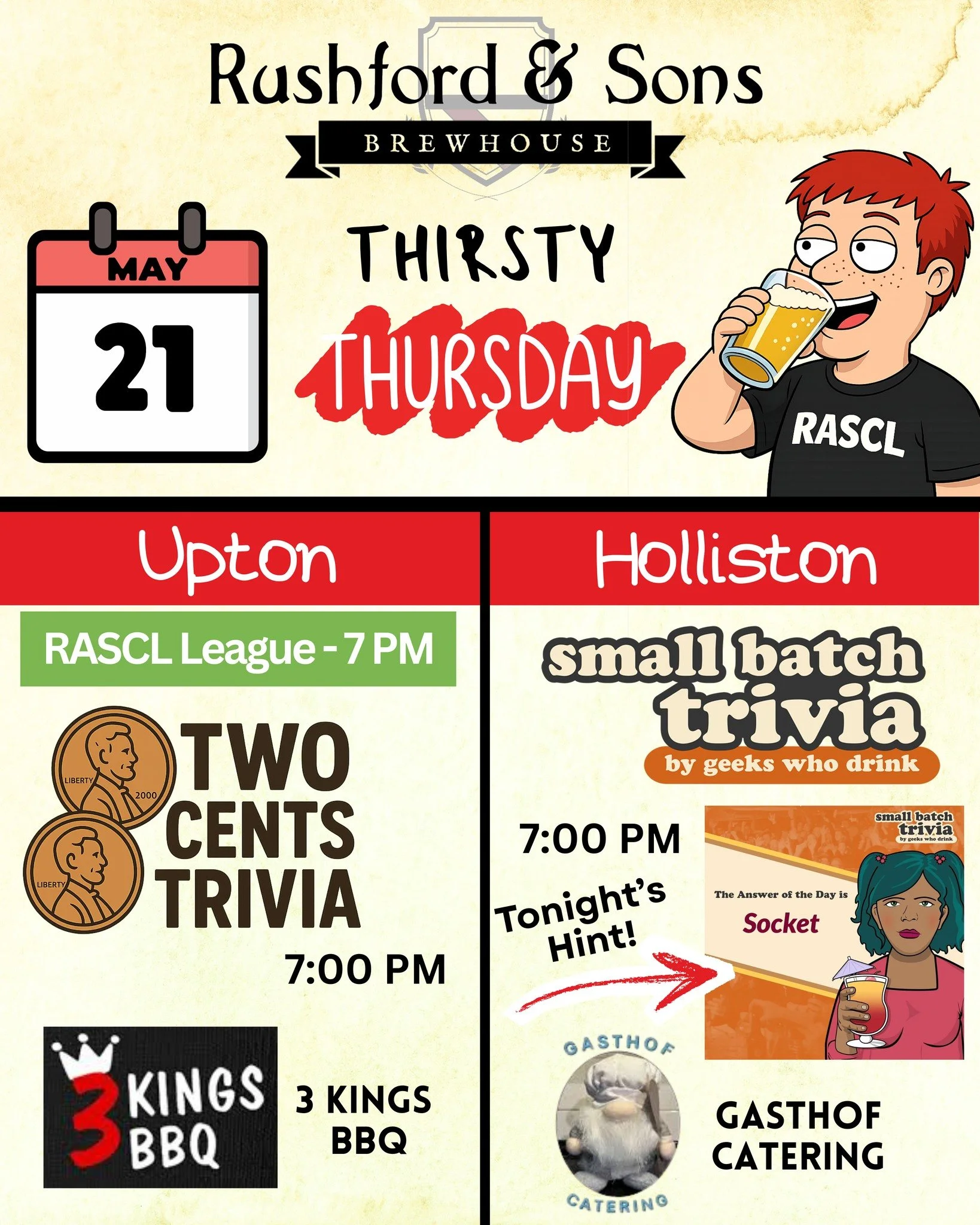 We've made it to Thirsty Thursday once again, yayyyy! Sounds like a good reason to celebrate with a beer or two (as if we NEED a reason). 😁🍻

Join us tonight for trivia and delicious food! We have Two Cents and 3 Kings in Upton and Geeks Who Drink 