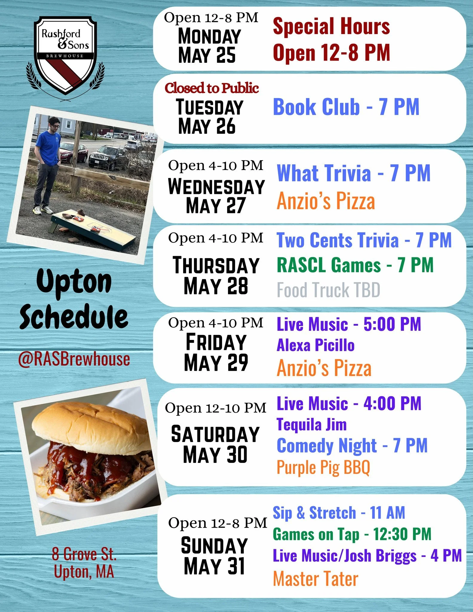 Howdy Upton! We're excited for another week with you, and some pretty great events!

👉 Tuesday - Bookclub at 7 PM
👉 Wednesday - Weekly What Trivia and Anzios!
👉 Thursday - Two Cents Trivia and our RASCL games
👉 Friday - Live music with Alexa Pici