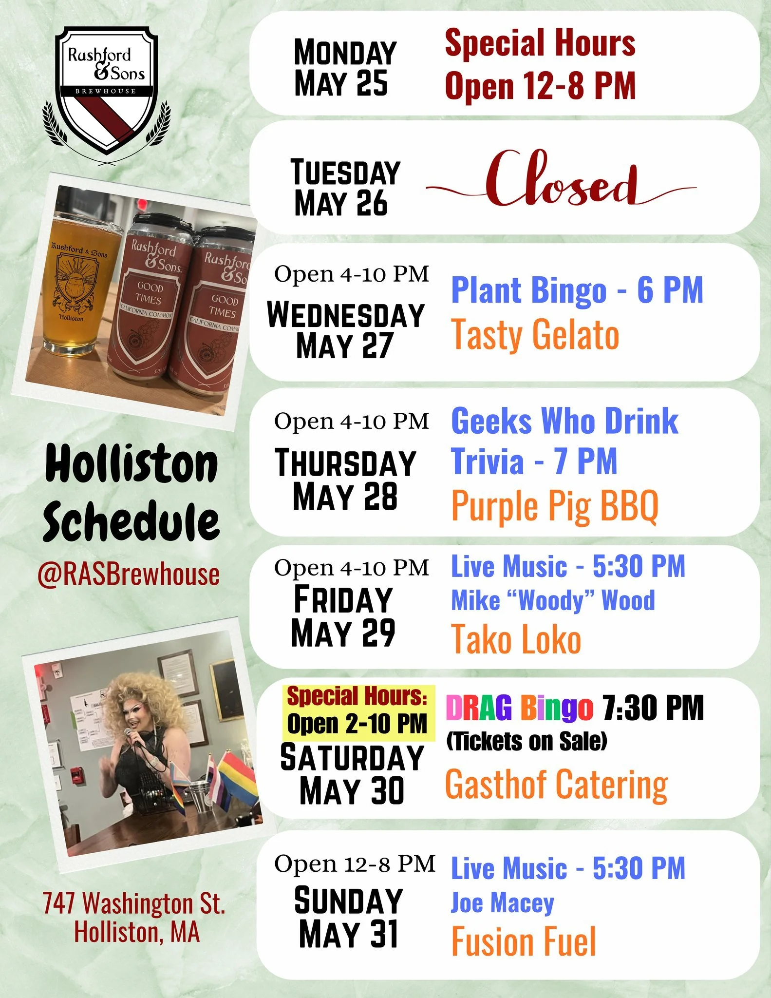 Hello Holliston - ready for another fun-packed week?

🔶 Wednesday - sign up for Plant Bingo and grab a yummy treat from Tasty Gelato!
🔶 Thursday - Our weekly trivia night with Geeks Who Drink and dinner from Purple Pig!
🔶 Friday - Live music by Mi
