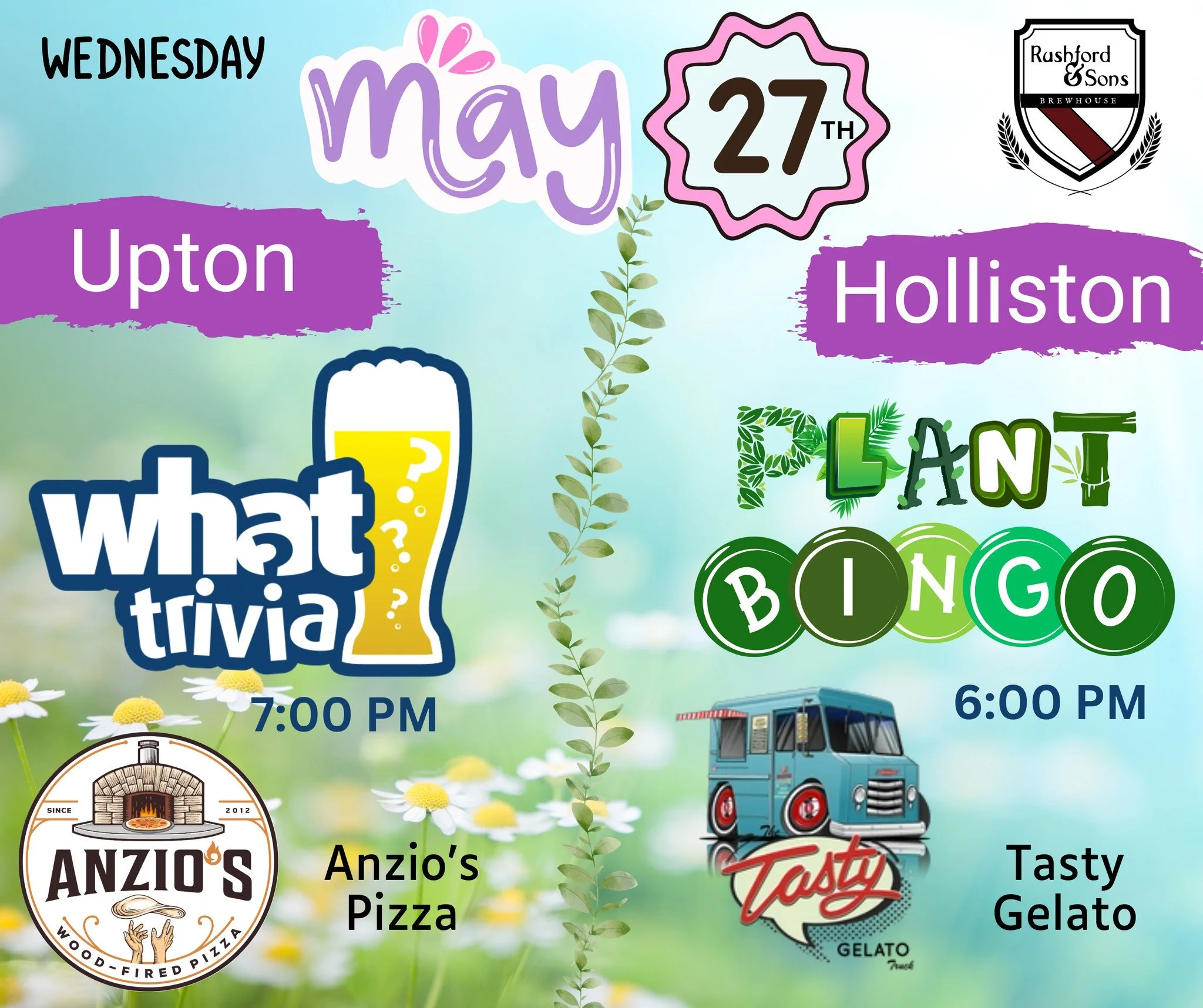 Happy hump day! Half the week is done, the weather is GORGEOUS, and we're three days away from June already! 😮 How crazy is that?

🧐🍕 Stop by our Upton brewery/patio with weekly What Trivia and dinner from Anzio's pizza!

🌿🍨 Or, join us in our H