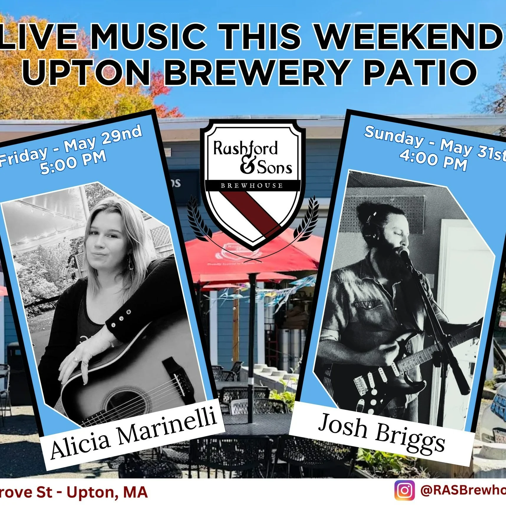 Live music this weekend at our Upton brewery and Holliston taproom!
Come enjoy some great music by amazing local talent and sip on a pint or two! 🎶🍺

Upton:
Friday, May 29 - Alicia Marinelli at 5 PM
Sunday, May 31 - Josh Briggs at 4 PM

Holliston:
